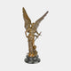 Large Classical Archangel Michael Bronze Sculpture by Giant Sculptures with wings spread wide, holding a sword, in warm golden-brown patina on a round stone base.