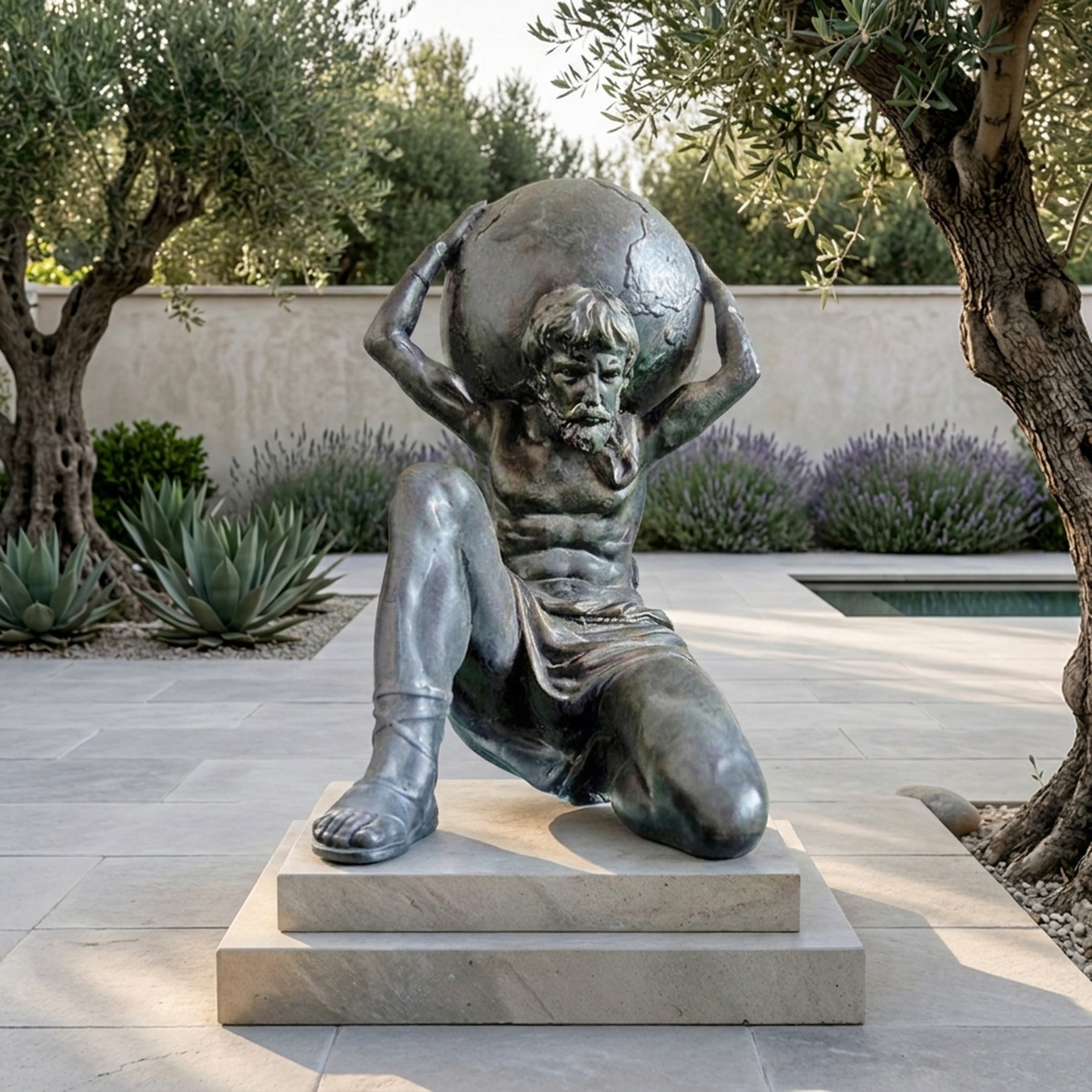 Large Classical Atlas Bearing Globe Bronze Sculpture by Giant Sculptures on a stone plinth in a Mediterranean courtyard with olive trees and lavender.