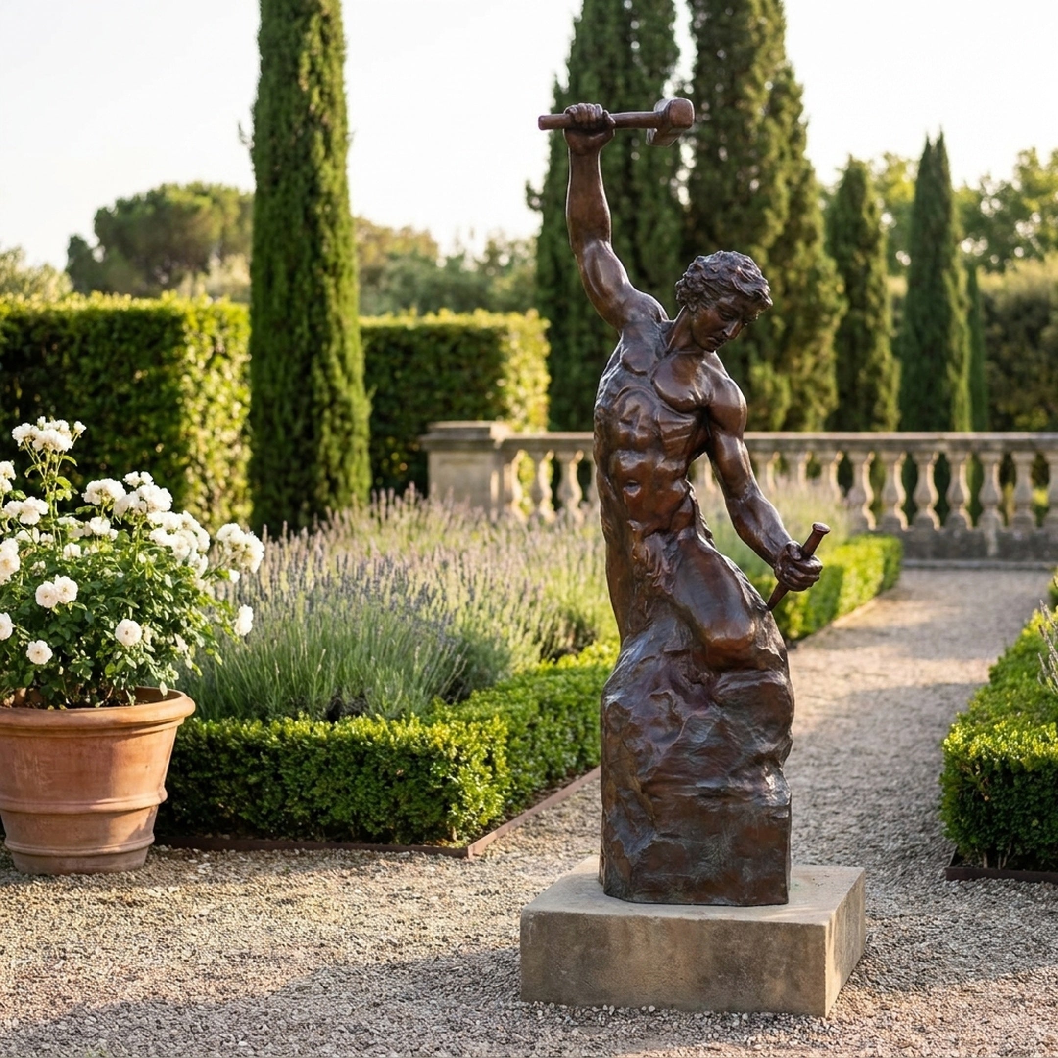 Large Classical Blacksmith Figure Bronze Sculpture by Giant Sculptures, 250cm, on a stone plinth in a formal garden with lavender, roses, and cypress trees.