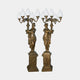 Large Classical Candelabra Figure Bronze Sculpture by Giant Sculptures, a 210cm pair of draped women on ornate pedestals holding five-arm flame-shade candelabra.