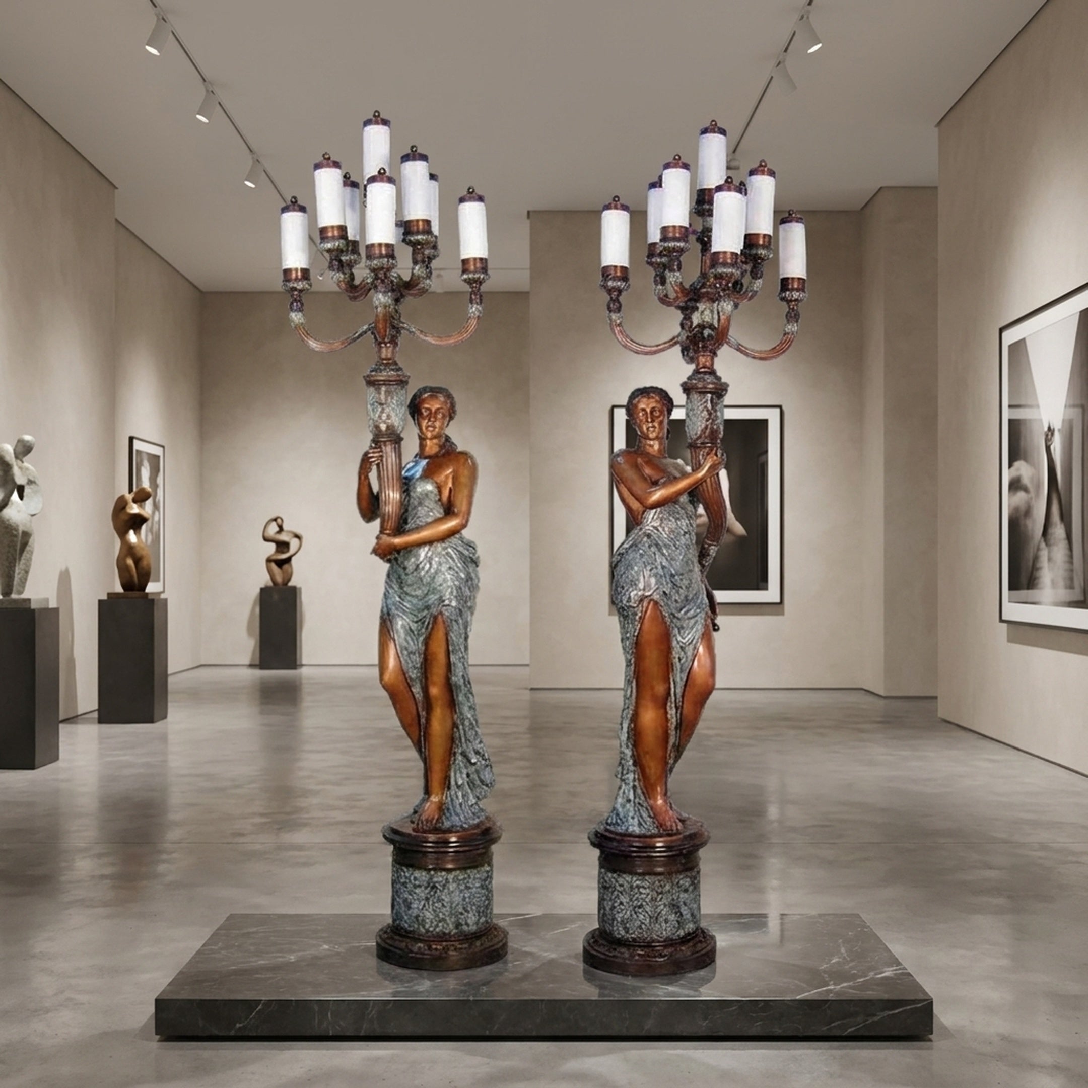 Large Classical Candelabra Torchiere Figure Bronze Sculpture by Giant Sculptures, pair of 220cm draped female figures with two-tone patina, displayed in a gallery.