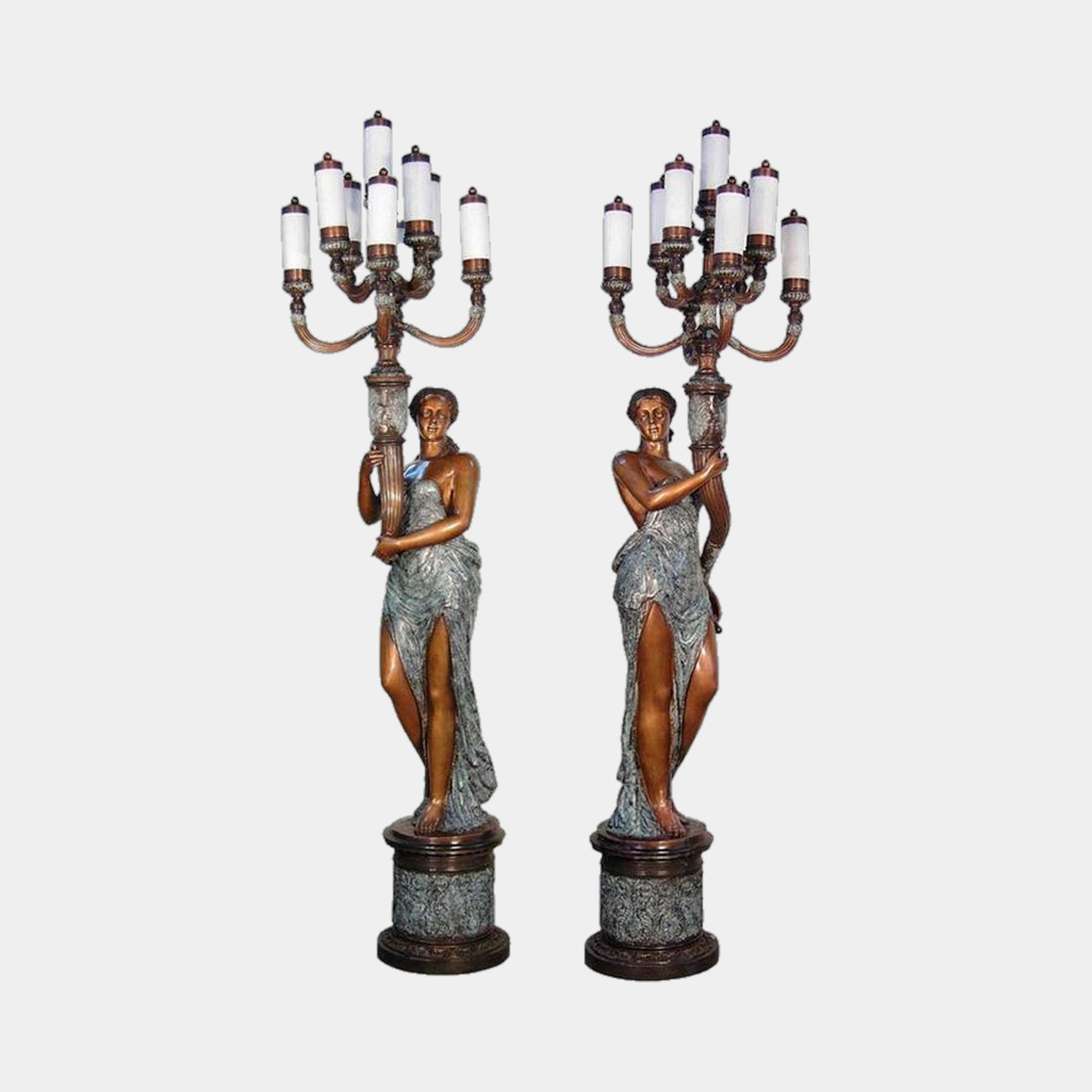 Pair of Large Classical Candelabra Torchiere Figure Bronze Sculptures by Giant Sculptures, draped female figures with two-tone bronze and verdigris finish, 220cm.