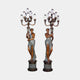 Pair of Large Classical Candelabra Torchiere Figure Bronze Sculptures by Giant Sculptures, draped female figures with two-tone bronze and verdigris finish, 220cm.