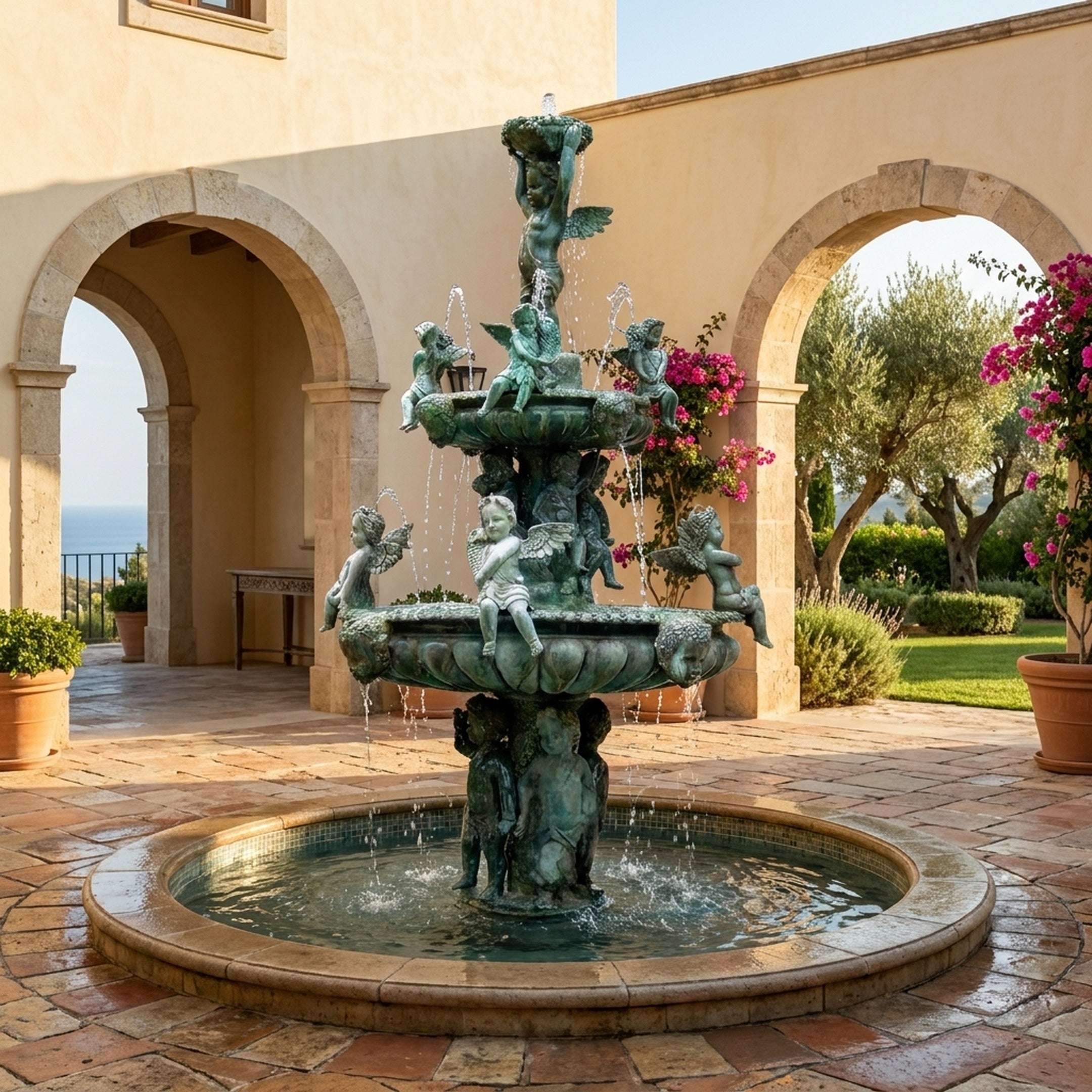 Large Classical Cherub and Angel Tiered Fountain by Giant Sculptures in aged verdigris bronze, set in a Mediterranean courtyard with arches and sea view.