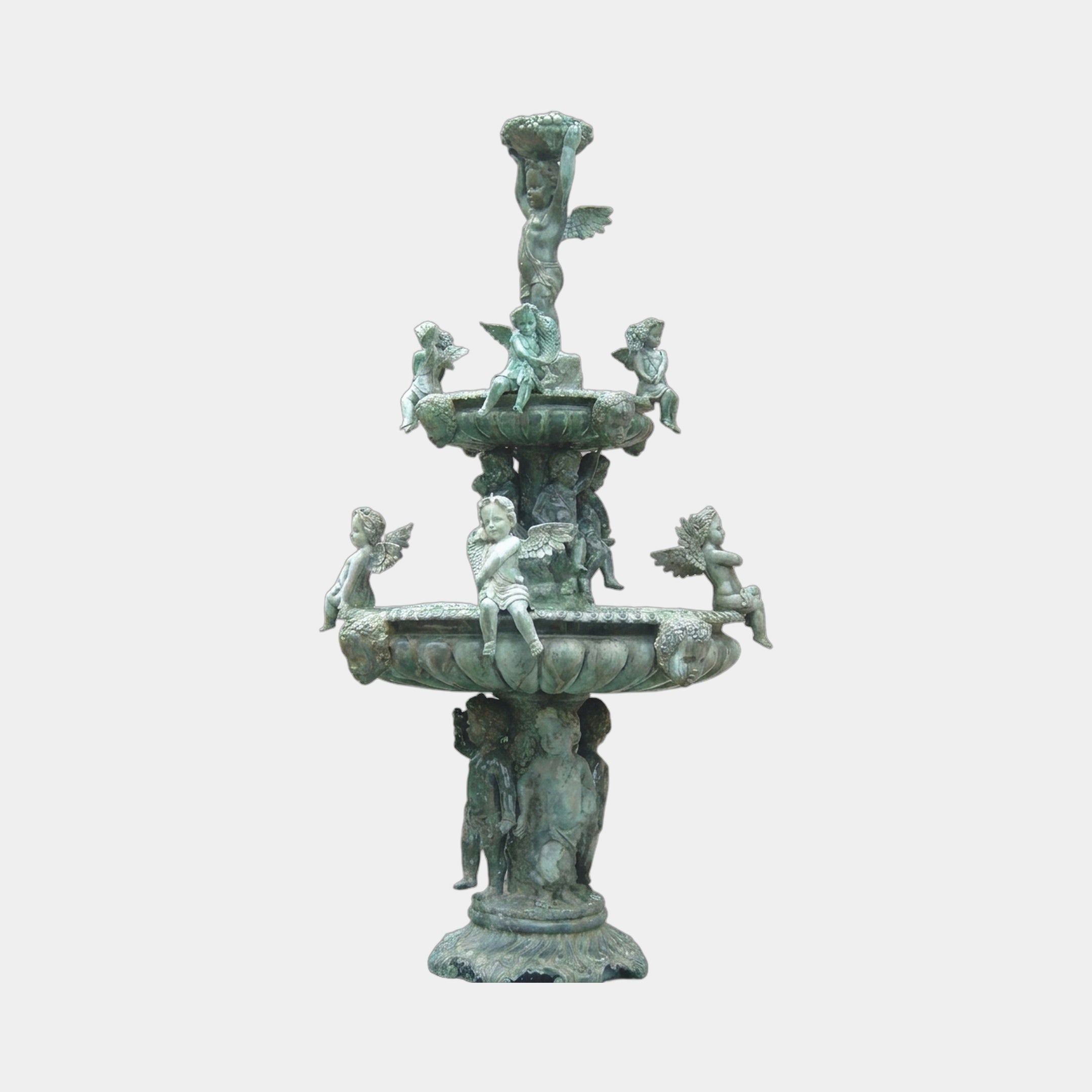 Large Classical Cherub and Angel Tiered Fountain by Giant Sculptures in aged verdigris bronze, three tiers with winged cherubs around scalloped basins.