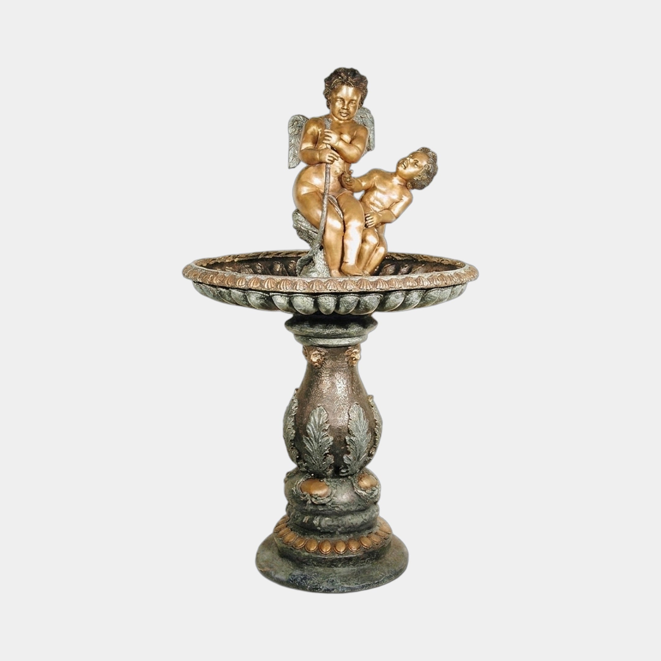 Large Classical Cherub Fountain Bronze Fountain by Giant Sculptures with two gold cherubs atop a scalloped basin and acanthus-carved pedestal.