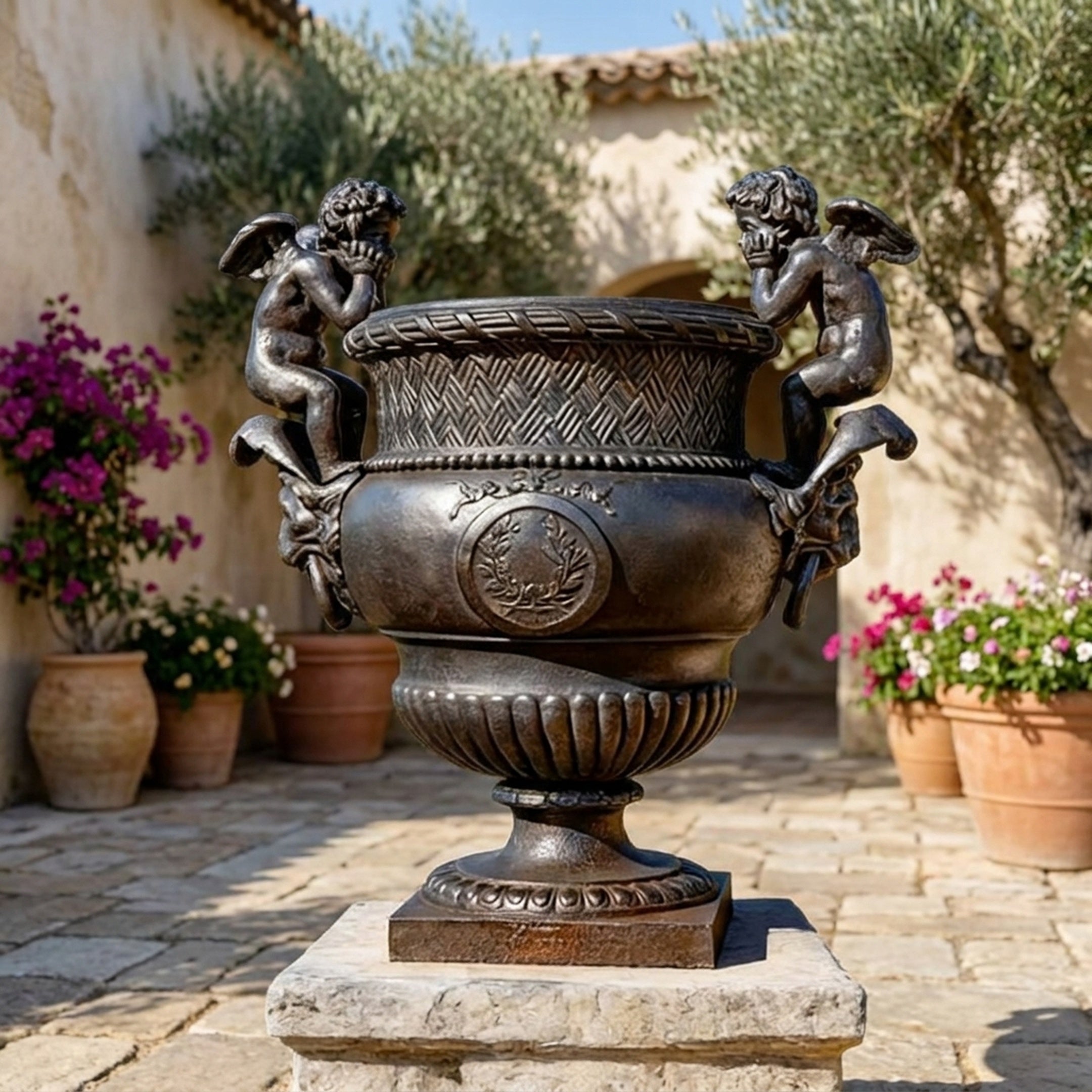 Large Classical Cherub Urn Bronze Sculpture by Giant Sculptures on a stone plinth in a Mediterranean courtyard with olive trees and bougainvillea.