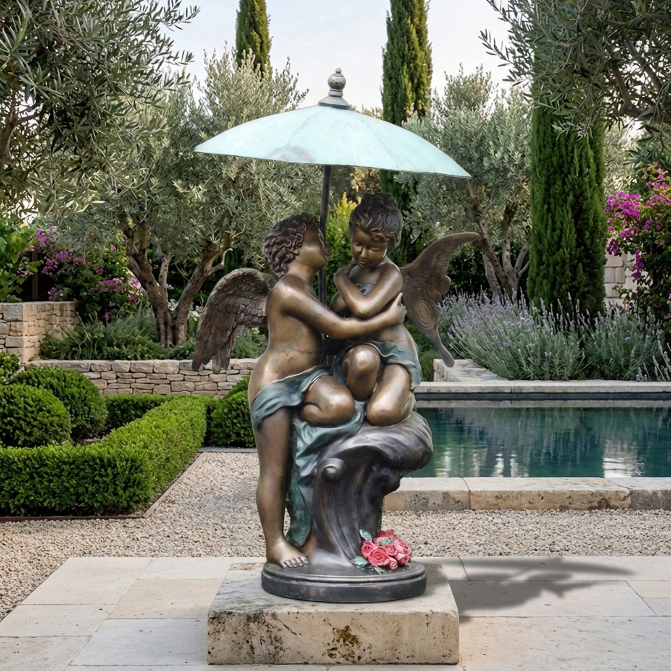 Giant Sculptures' 170cm Large Classical Cherubs Under Parasol Bronze Sculpture on a stone plinth beside a garden pool, framed by olive trees and lavender.