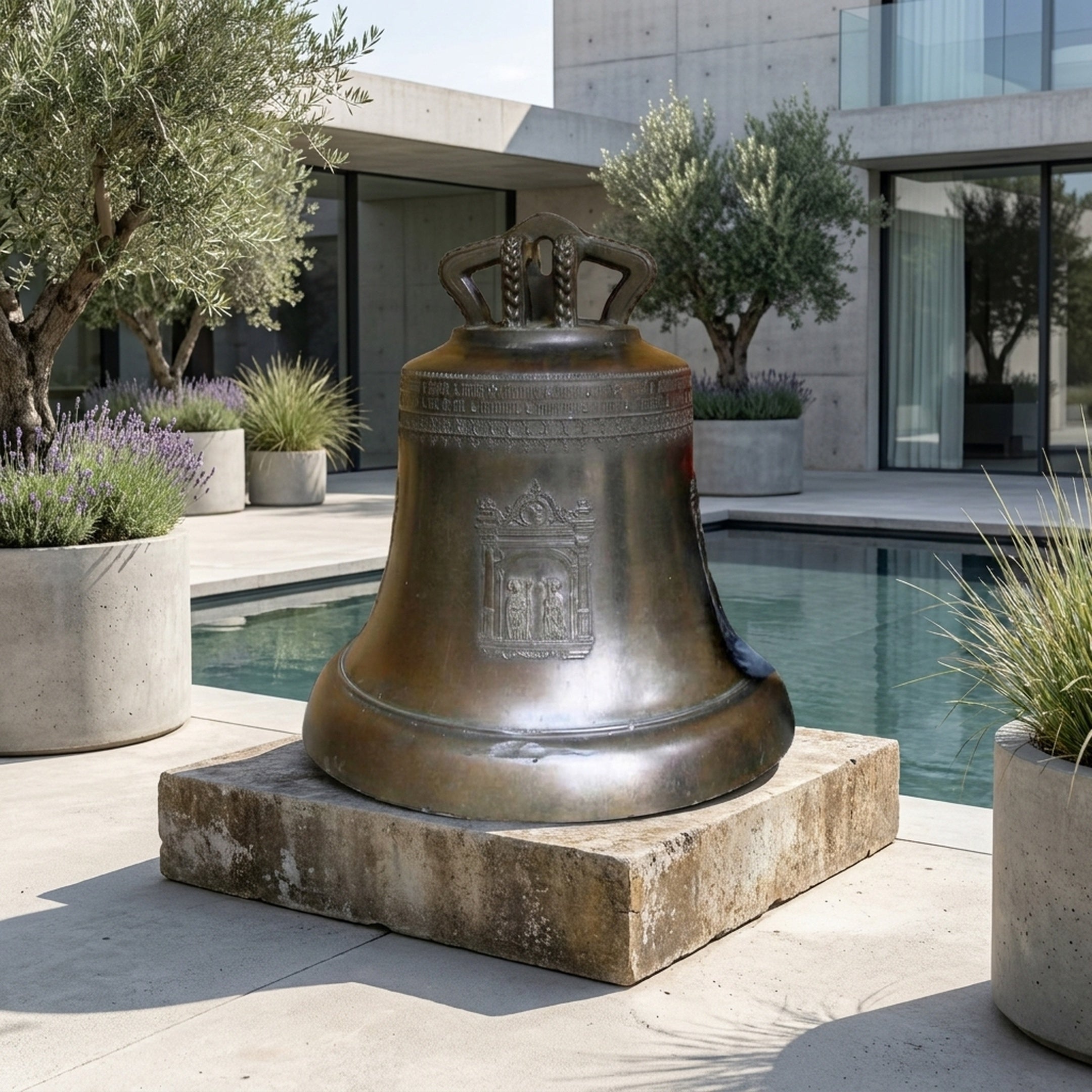 Large Classical Church Bell Bronze Sculpture by Giant Sculptures on a stone slab beside a pool, with olive trees, lavender planters, and concrete architecture.