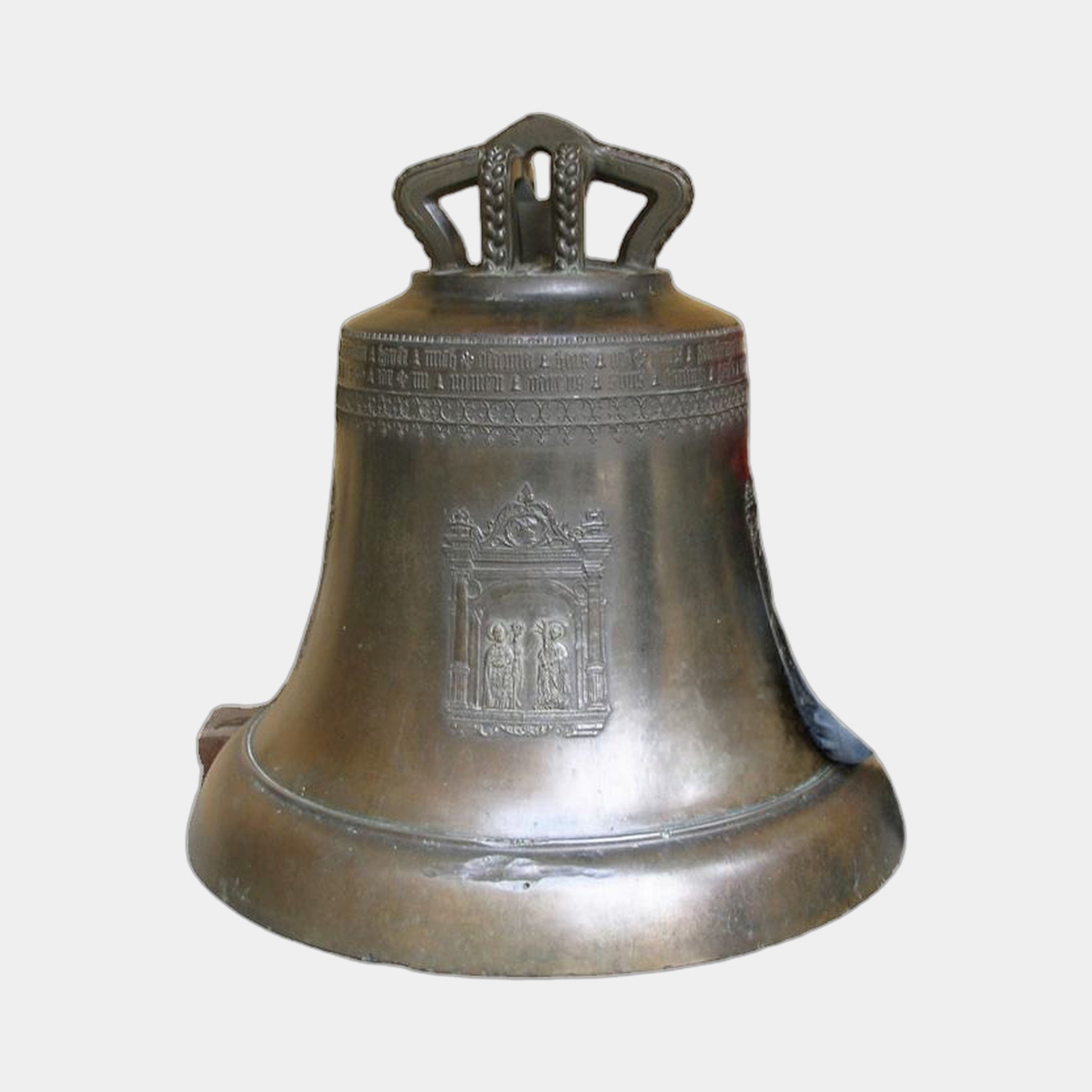Large Classical Church Bell Bronze Sculpture by Giant Sculptures, 120cm cast bronze bell with ornate openwork crown, inscribed bands and relief cartouche of two haloed figures.