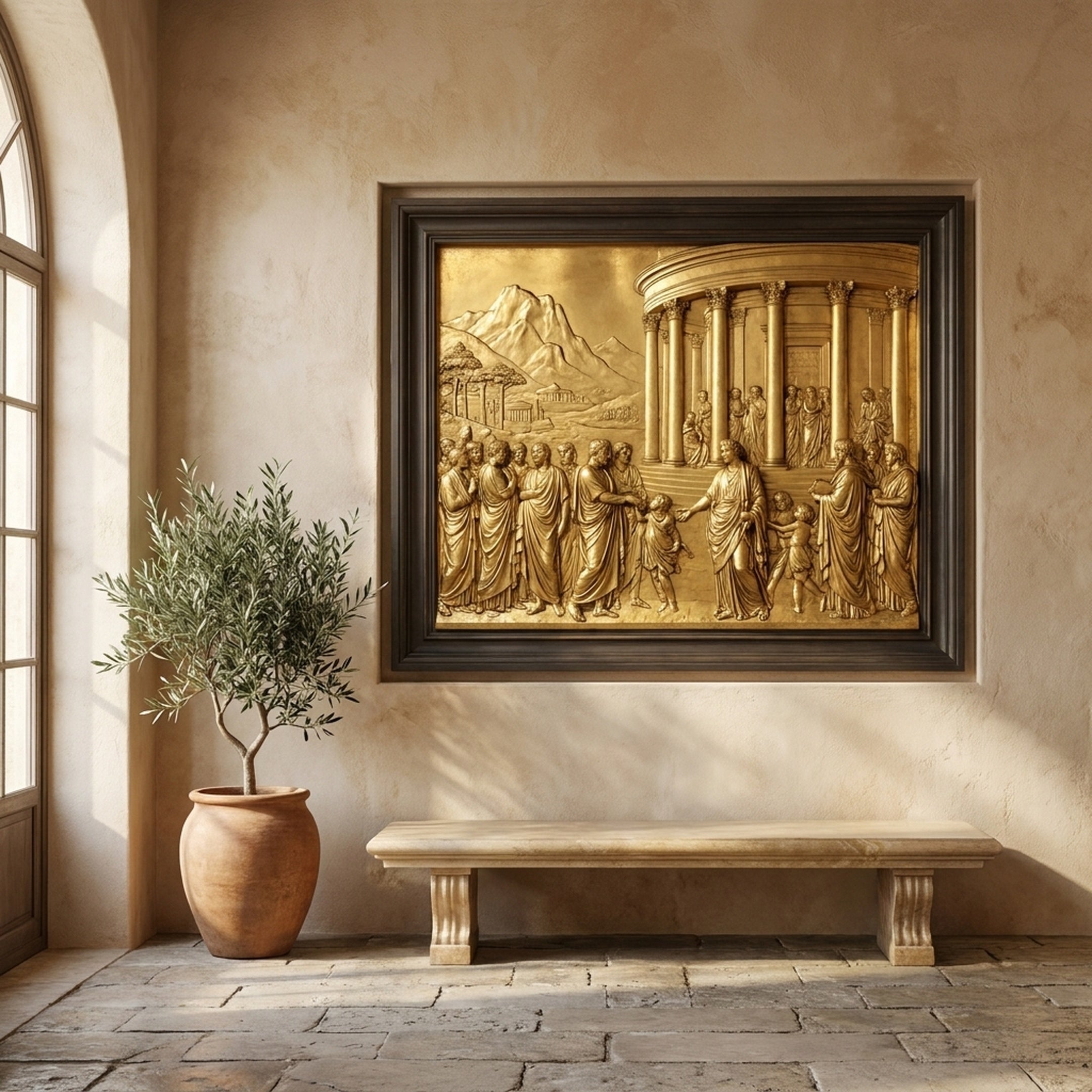 Giant Sculptures Large Classical Crowd of Figures Bronze Relief in polished gilt gold with dark frame, mounted on a plaster wall above a stone bench and olive tree.