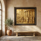 Giant Sculptures Large Classical Crowd of Figures Bronze Relief in polished gilt gold with dark frame, mounted on a plaster wall above a stone bench and olive tree.