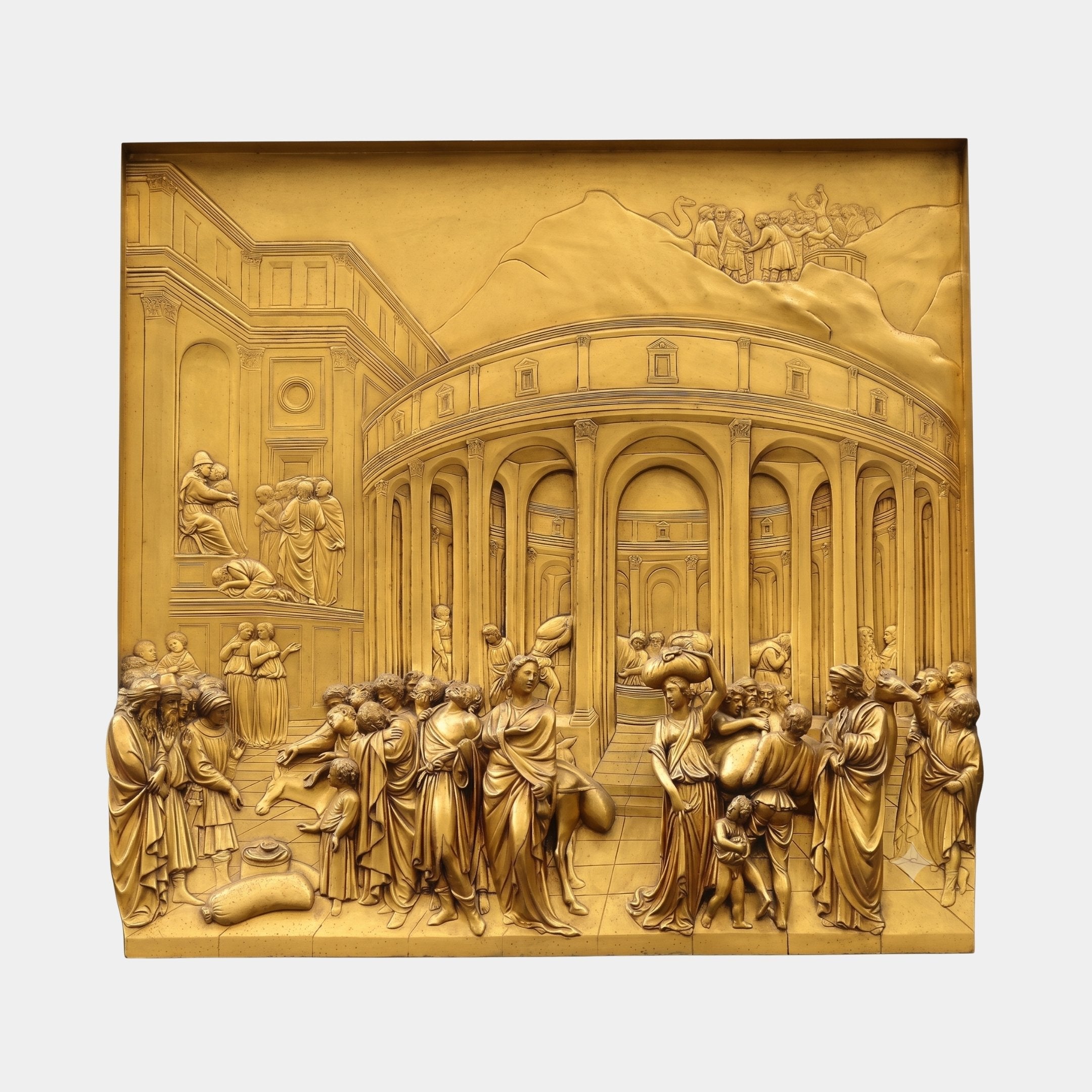Giant Sculptures Large Classical Crowd of Figures Bronze Relief in polished gilt gold, showing draped figures before a colonnaded rotunda, 150cm.