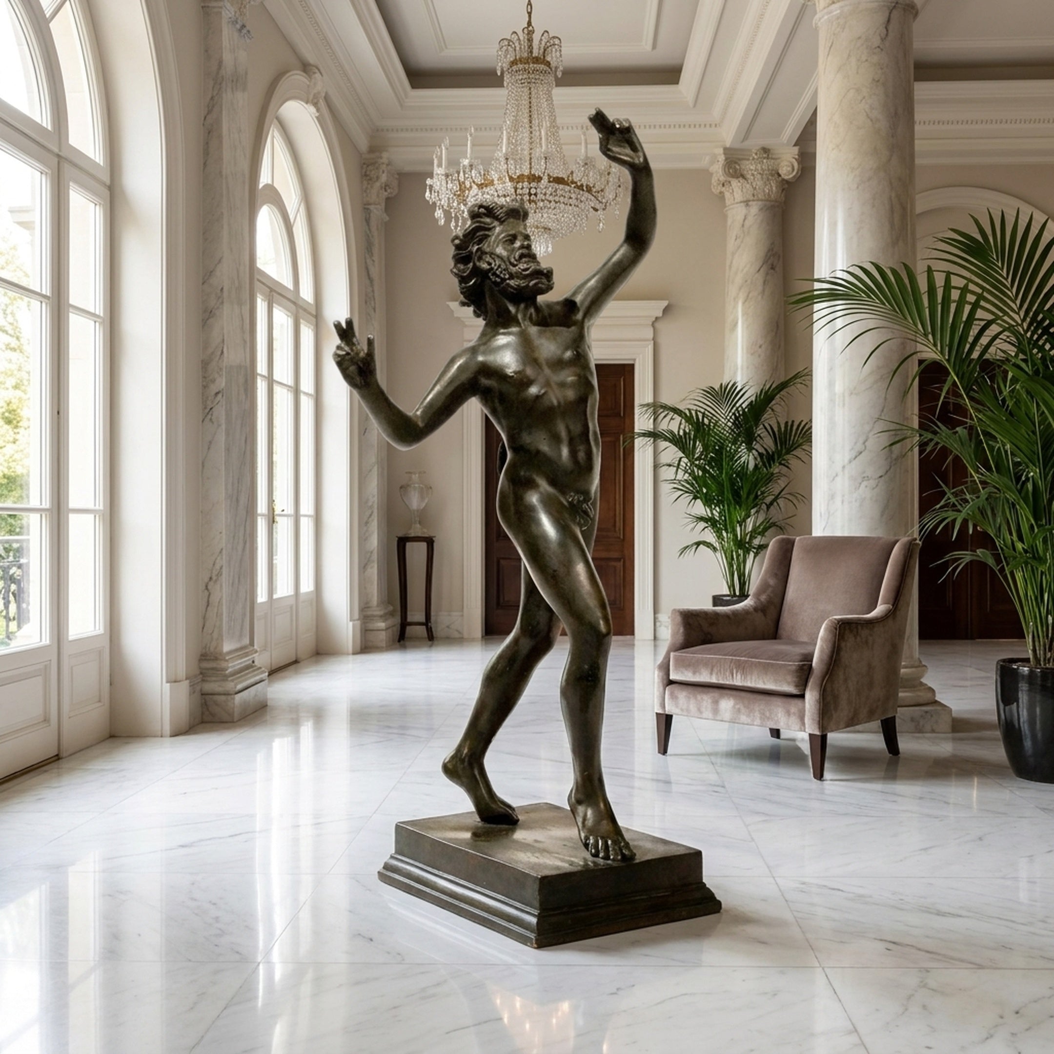 Large Classical Dancing Faun Bronze Sculpture by Giant Sculptures, 190cm dark patina figure mid-dance on a stepped plinth in a marble hall with chandelier.