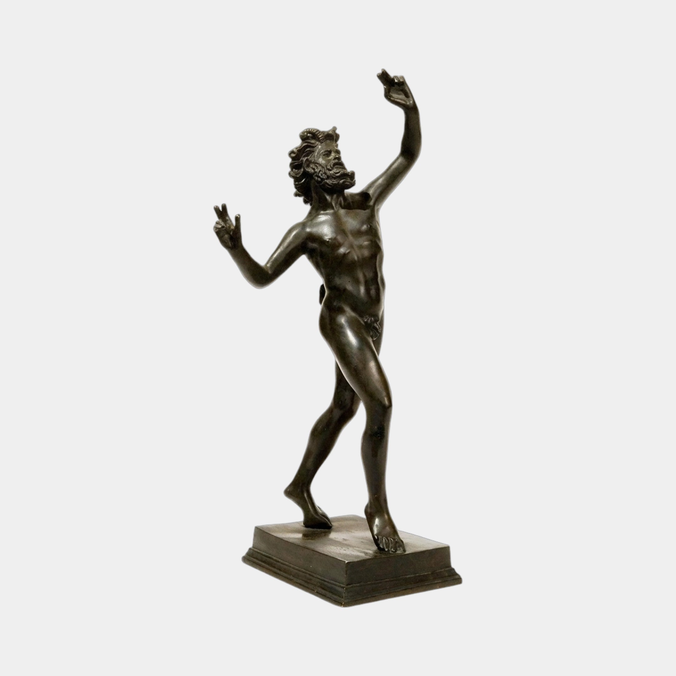 Large Classical Dancing Faun Bronze Sculpture by Giant Sculptures, 190cm nude bearded figure mid-dance with raised arms, dark patina, stepped plinth, plain background.