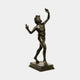 Large Classical Dancing Faun Bronze Sculpture by Giant Sculptures, 190cm nude bearded figure mid-dance with raised arms, dark patina, stepped plinth, plain background.