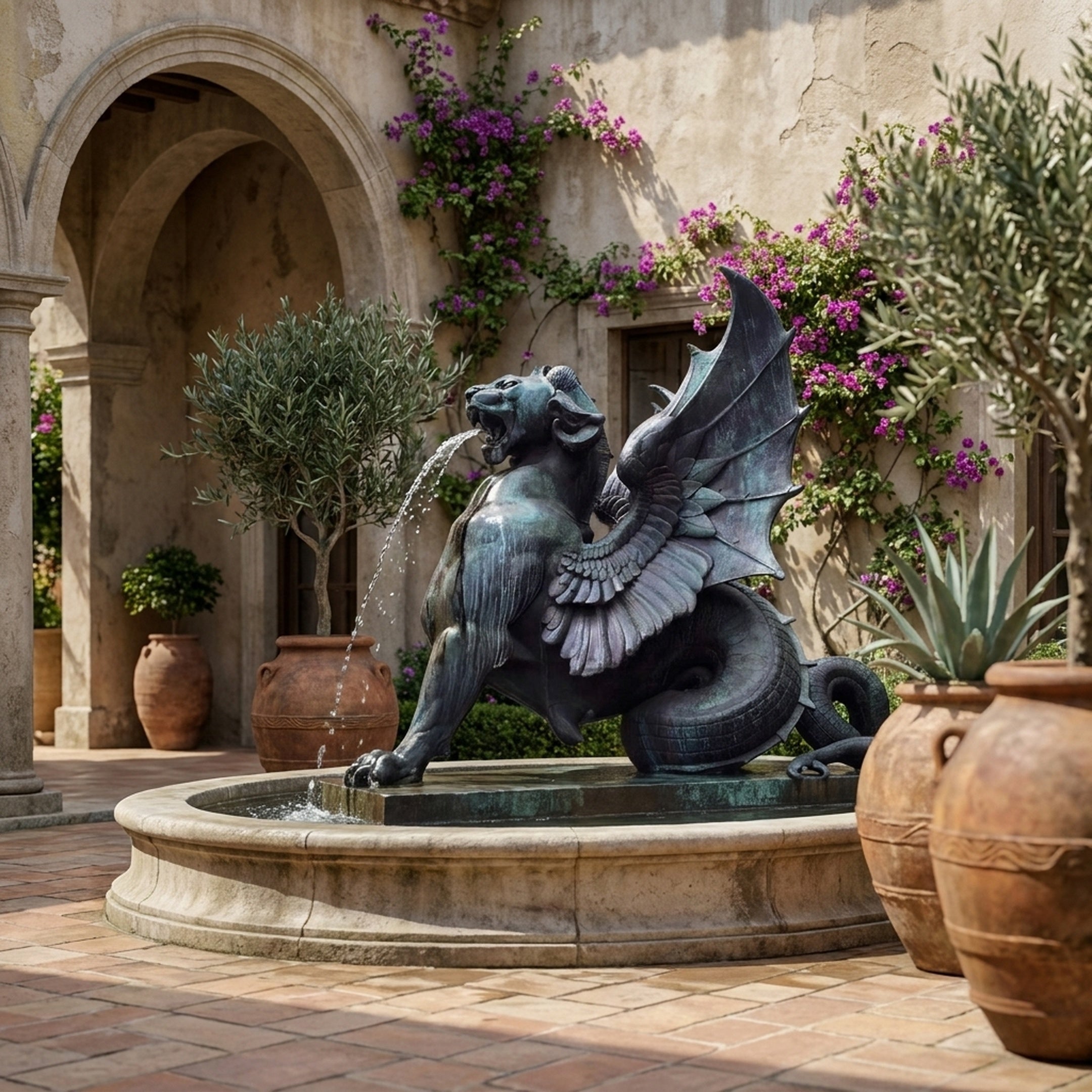 Large Classical Dragon-Griffin Hybrid Bronze Fountain by Giant Sculptures, 230cm, with verdigris patina, spouting water into a stone basin in a Mediterranean courtyard.