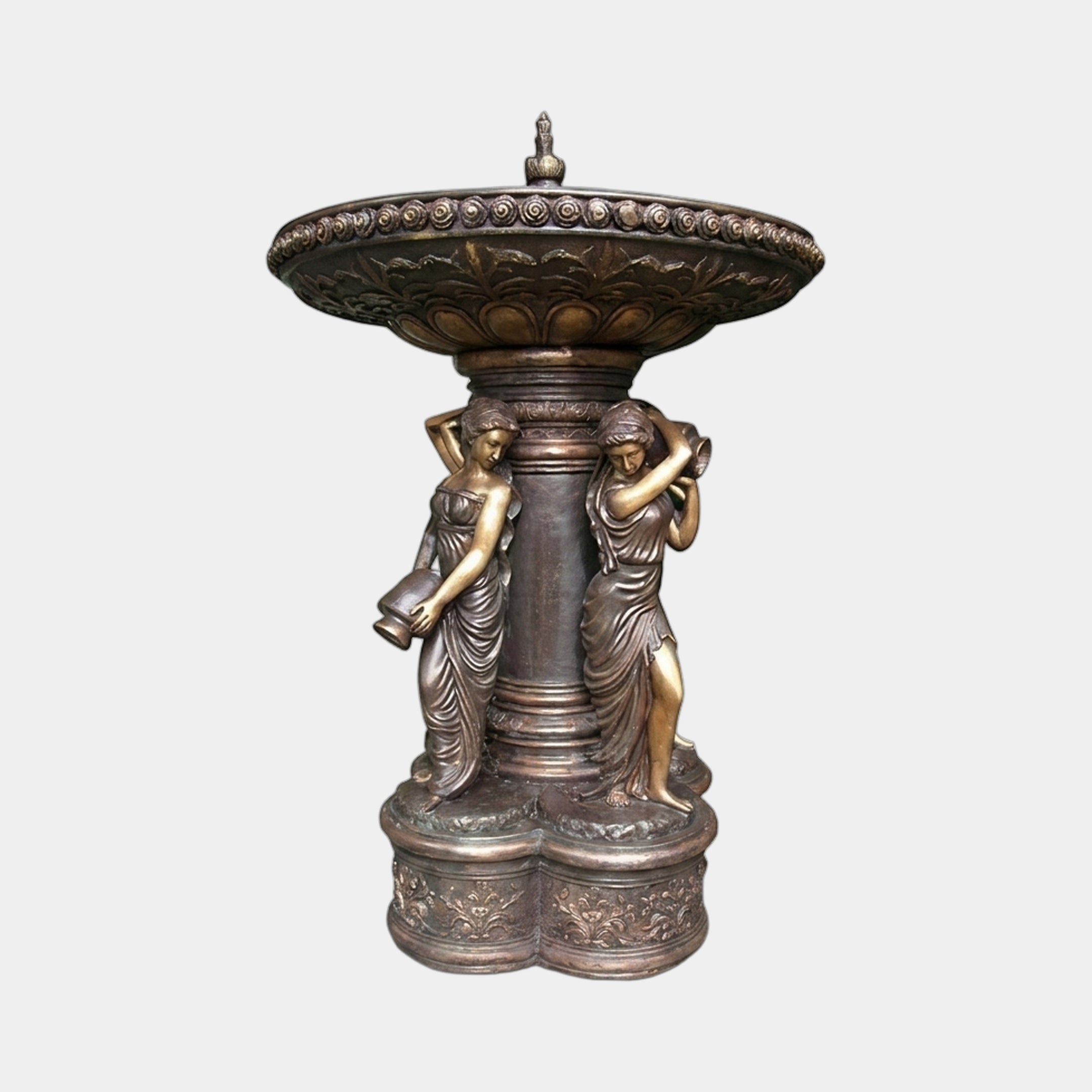 Large Classical Draped Figures and Urn Fountain Sculpture by Giant Sculptures in dark antique bronze, two robed women with urns flanking a fluted column.