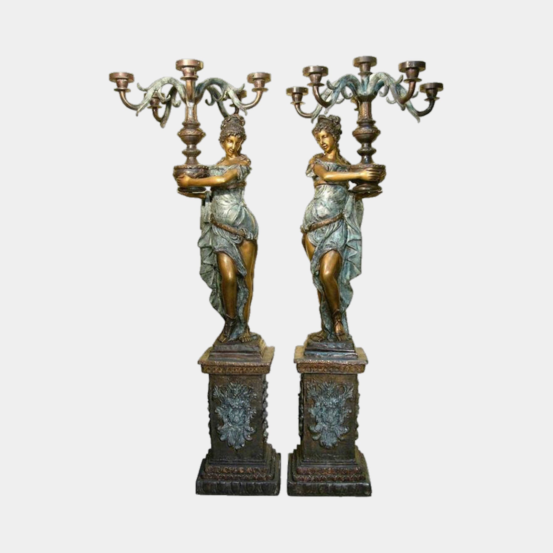 Pair of 180cm Large Classical Draped Goddess Candelabra Bronze Sculptures by Giant Sculptures, verdigris and gold finish, on ornate pedestals, plain background.