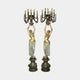 Pair of Large Classical Draped Goddess Candelabra Bronze Sculptures by Giant Sculptures, 220cm robed figures with gilded torsos and verdigris drapery, holding nine-arm candelabra aloft on ornate pedestals.