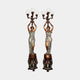 Giant Sculptures' Large Classical Draped Goddess Candelabra Bronze Sculpture 250cm, a symmetrical pair of robed figures with two-tone verdigris and copper patina holding globe-lit candelabras on relief pedestals.