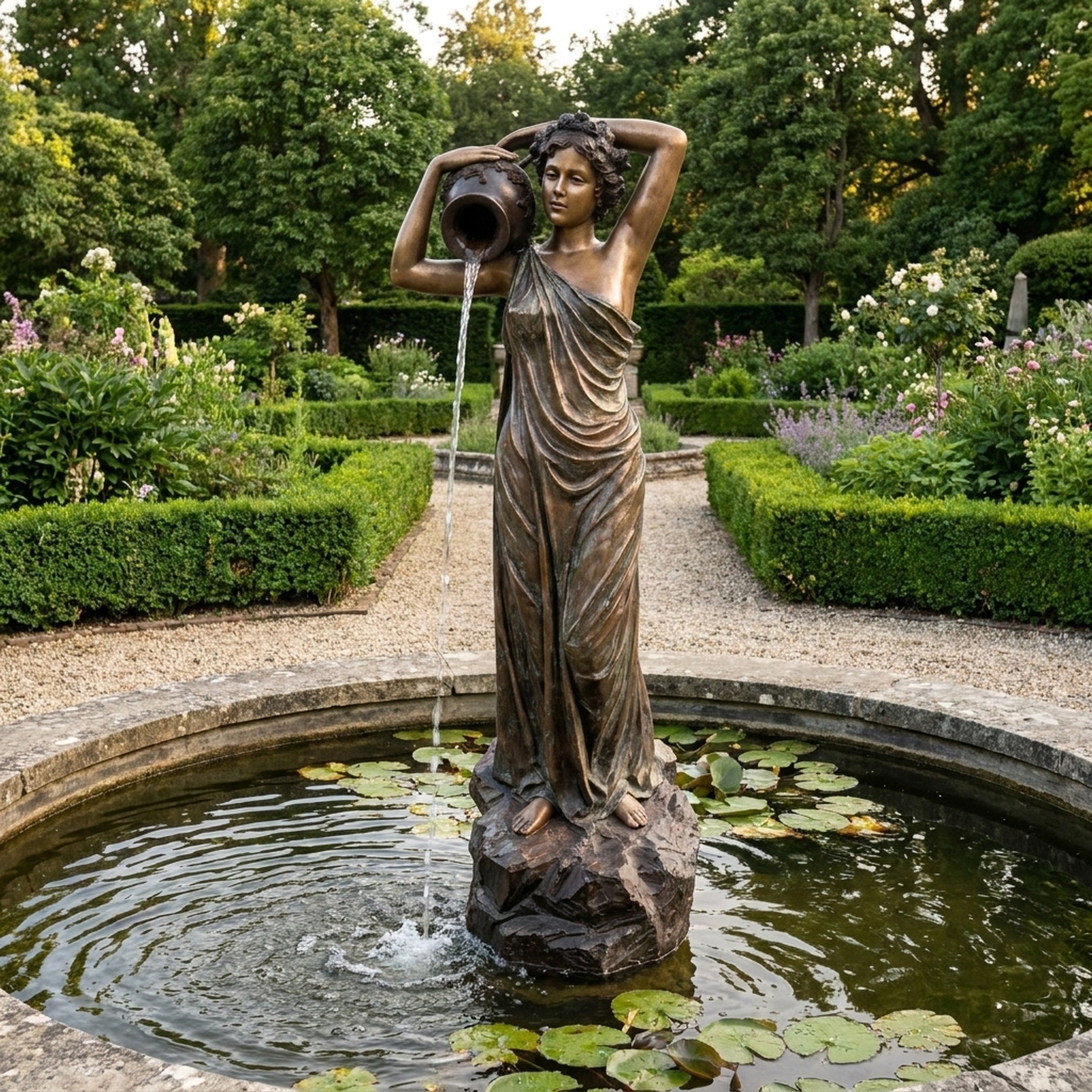 Large Classical Female Figure Bronze Fountain by Giant Sculptures, 190cm draped woman pouring water from an urn, set on a rocky base in a lily pond.