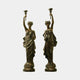 Large Classical Goddess Pair Bronze Sculpture by Giant Sculptures, 180cm, two draped female figures raising candelabra torchères on round bases, against a plain background.