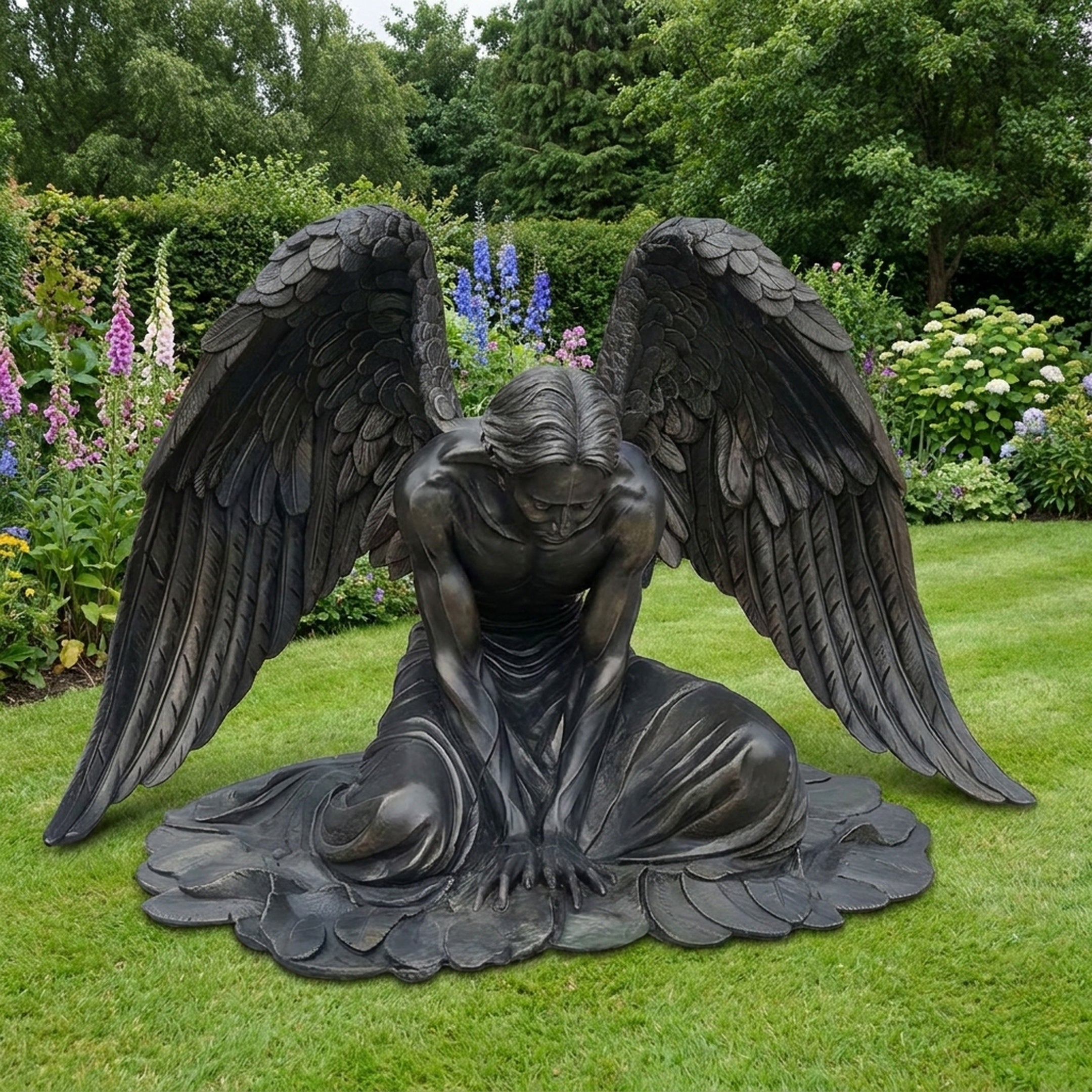 Large Classical Kneeling Angel Bronze Sculpture by Giant Sculptures in a dark patina, kneeling with head bowed and wings spread wide on a garden lawn.