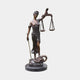 Large Classical Lady Justice Bronze Statue by Giant Sculptures, blindfolded figure holding raised scales and lowered sword above a serpent and books on a marble base.