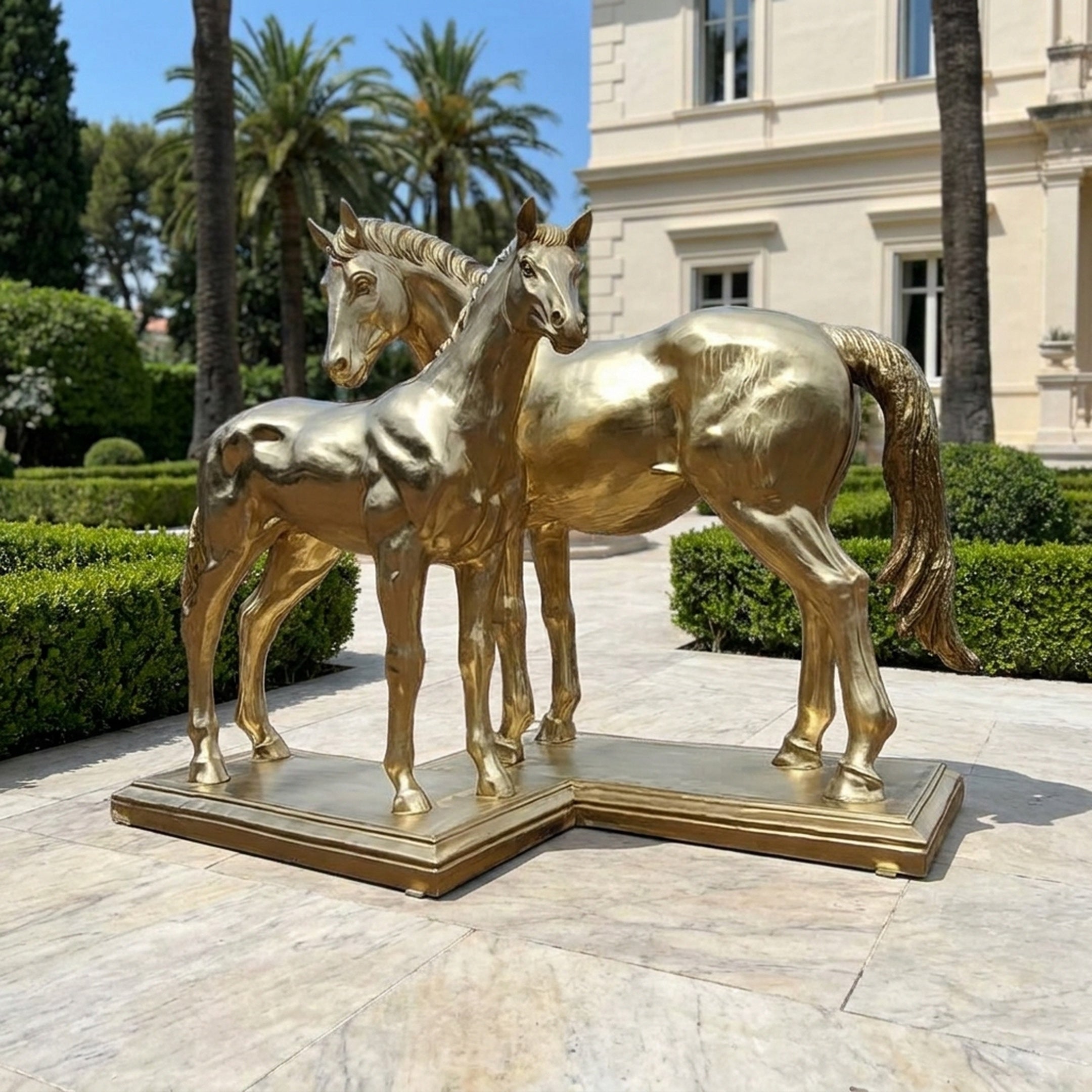 Large Classical Mare and Foal Bronze Sculpture by Giant Sculptures in mirror-polished gold, 165cm, displayed on a stepped plinth outside a palm-lined villa.