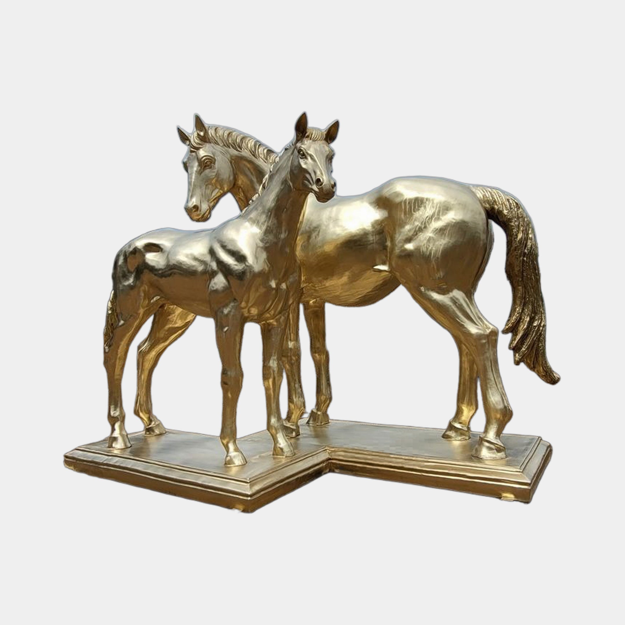 Large Classical Mare and Foal Bronze Sculpture by Giant Sculptures in mirror-polished gold, two horses on a stepped plinth against a plain light grey background.