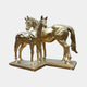 Large Classical Mare and Foal Bronze Sculpture by Giant Sculptures in mirror-polished gold, two horses on a stepped plinth against a plain light grey background.