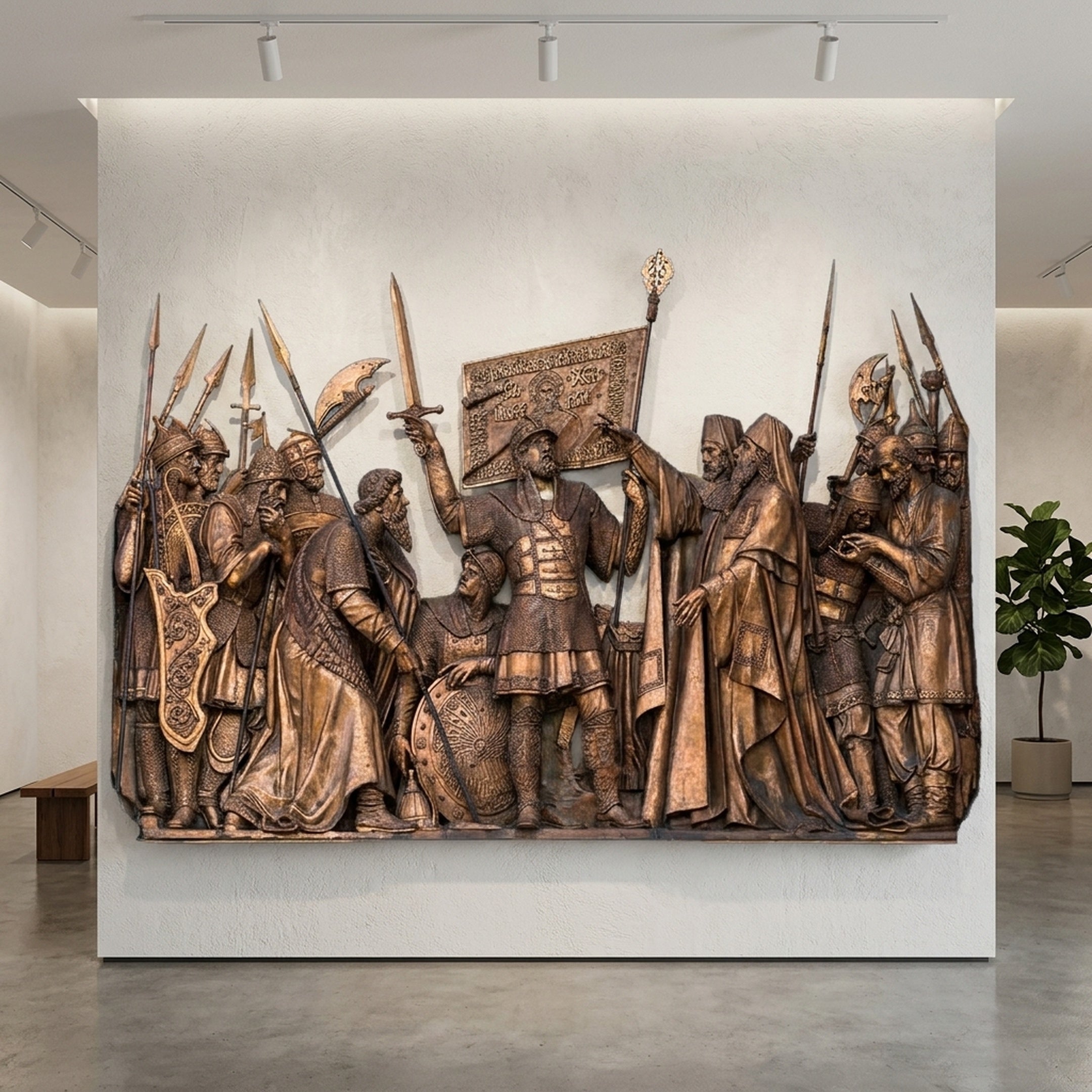 Large Classical Medieval Warriors Bronze Relief by Giant Sculptures, 200cm wall-mounted panel of armoured figures with sword and banner, displayed in a gallery interior.