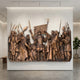 Large Classical Medieval Warriors Bronze Relief by Giant Sculptures, 200cm wall-mounted panel of armoured figures with sword and banner, displayed in a gallery interior.