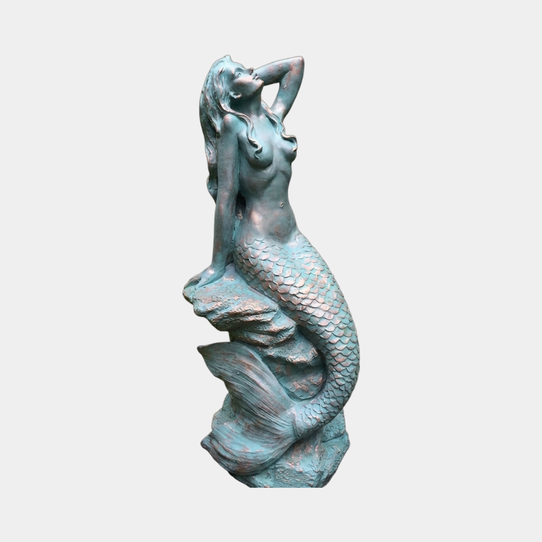 Large Classical Reclining Mermaid Bronze Sculpture by Giant Sculptures, 120cm, arching back with arms raised, verdigris patina tail coiled on a rock base.