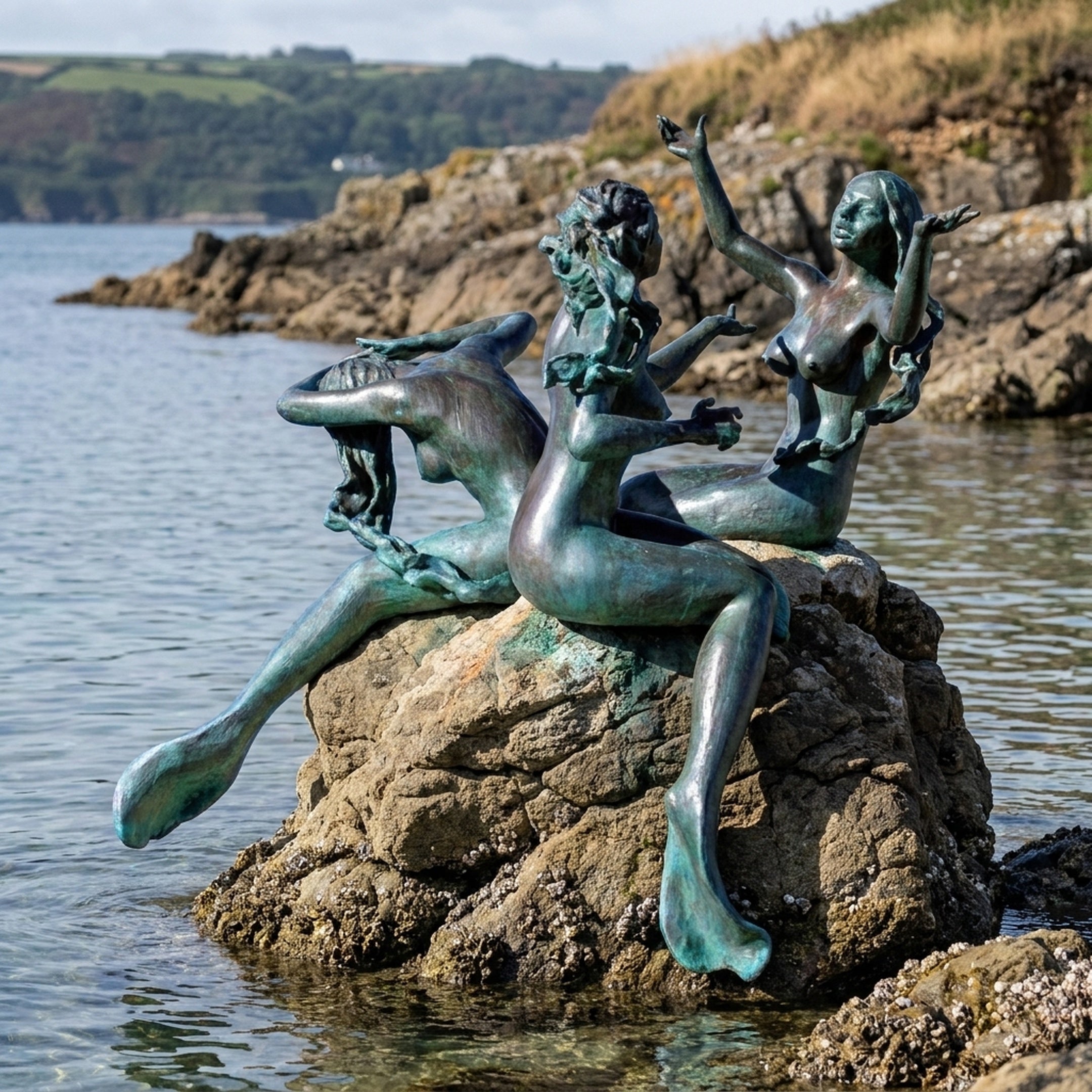 Large Classical Reclining Mermaids Bronze Sculpture by Giant Sculptures, two nude figures with verdigris patina posed on a coastal rock above the water.