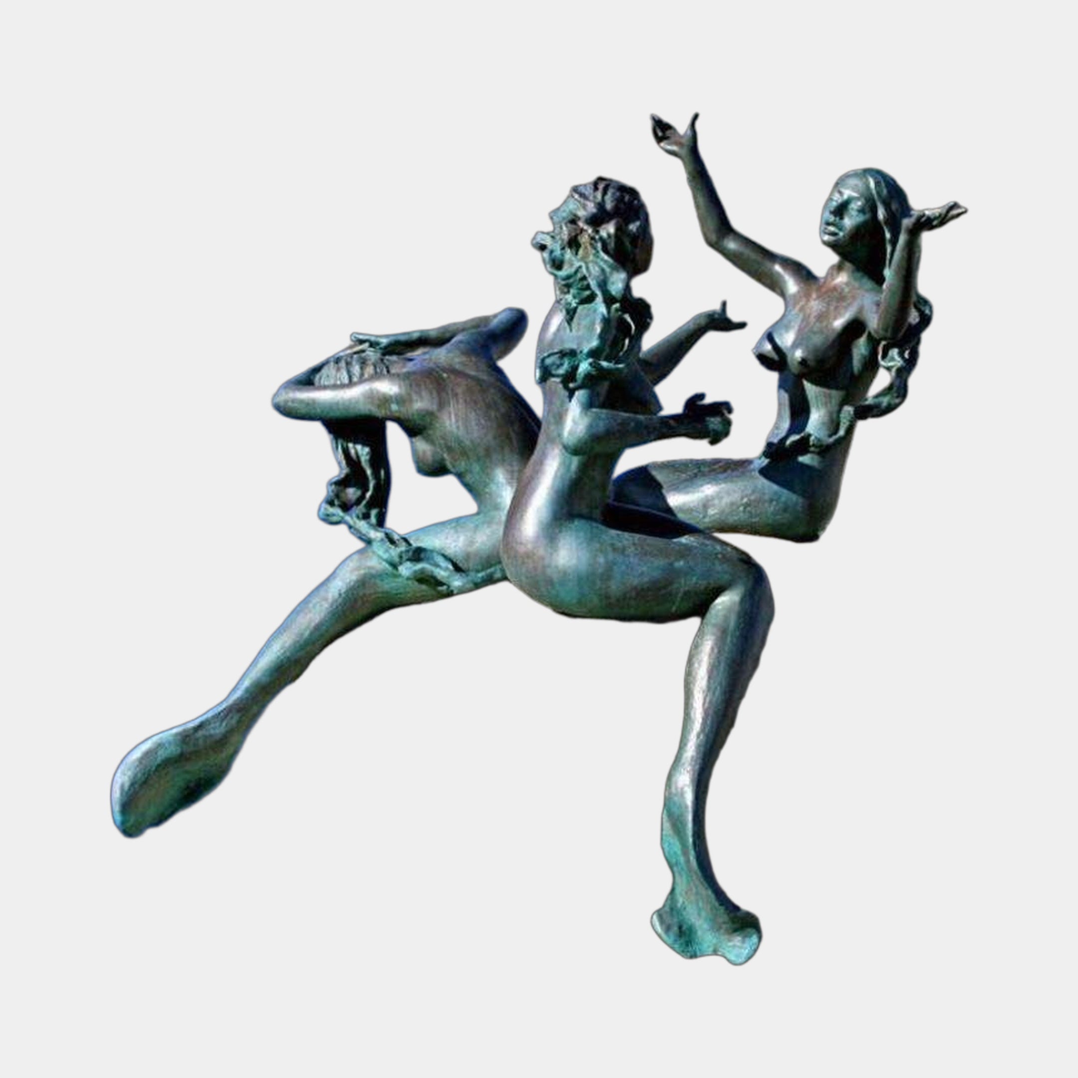 Large Classical Reclining Mermaids Bronze Sculpture by Giant Sculptures, two nude female figures with verdigris patina, one reclining and one seated with arm raised.