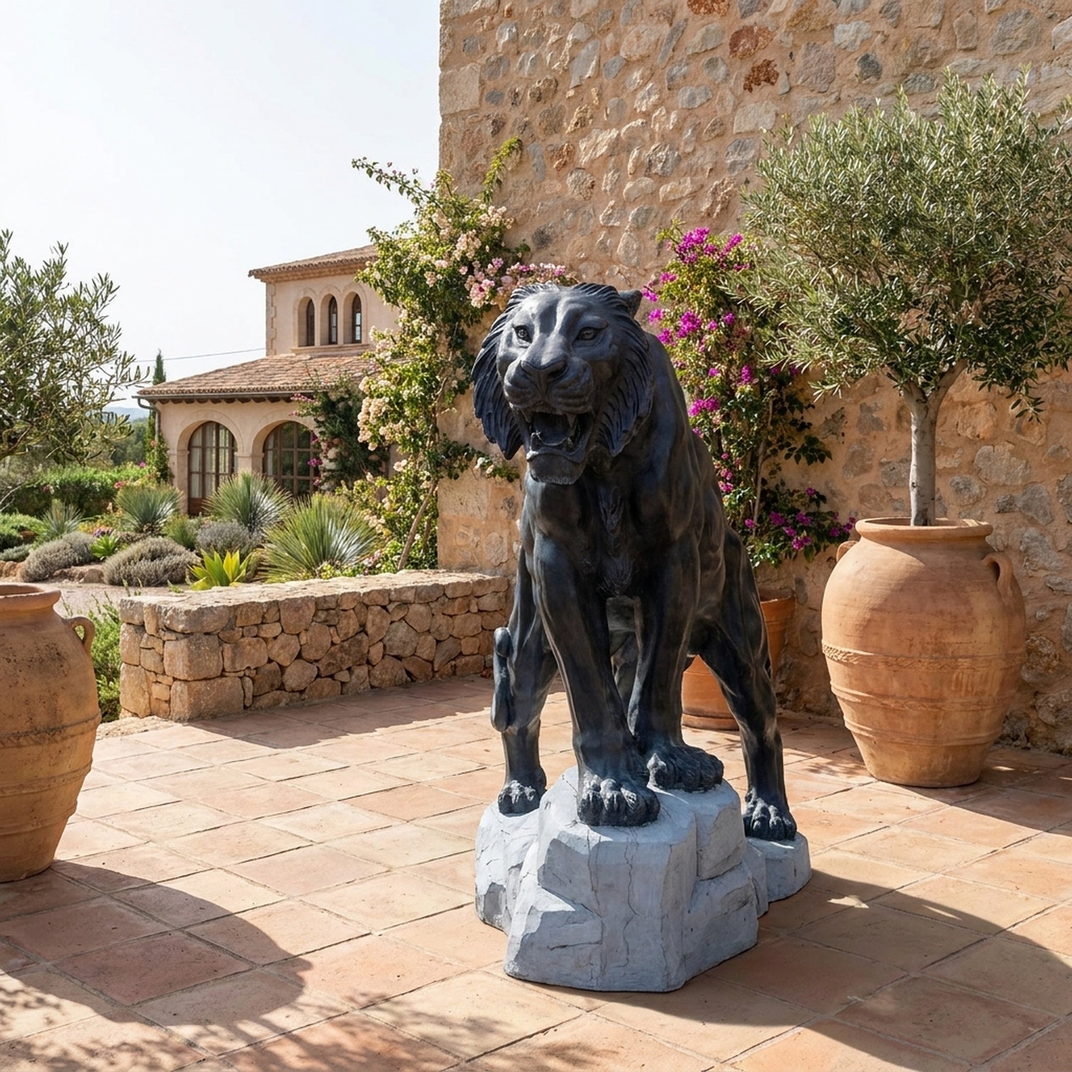 Large Classical Roaring Tiger Bronze Sculpture by Giant Sculptures with dark patina on a pale marble base, displayed on a Mediterranean terracotta terrace.