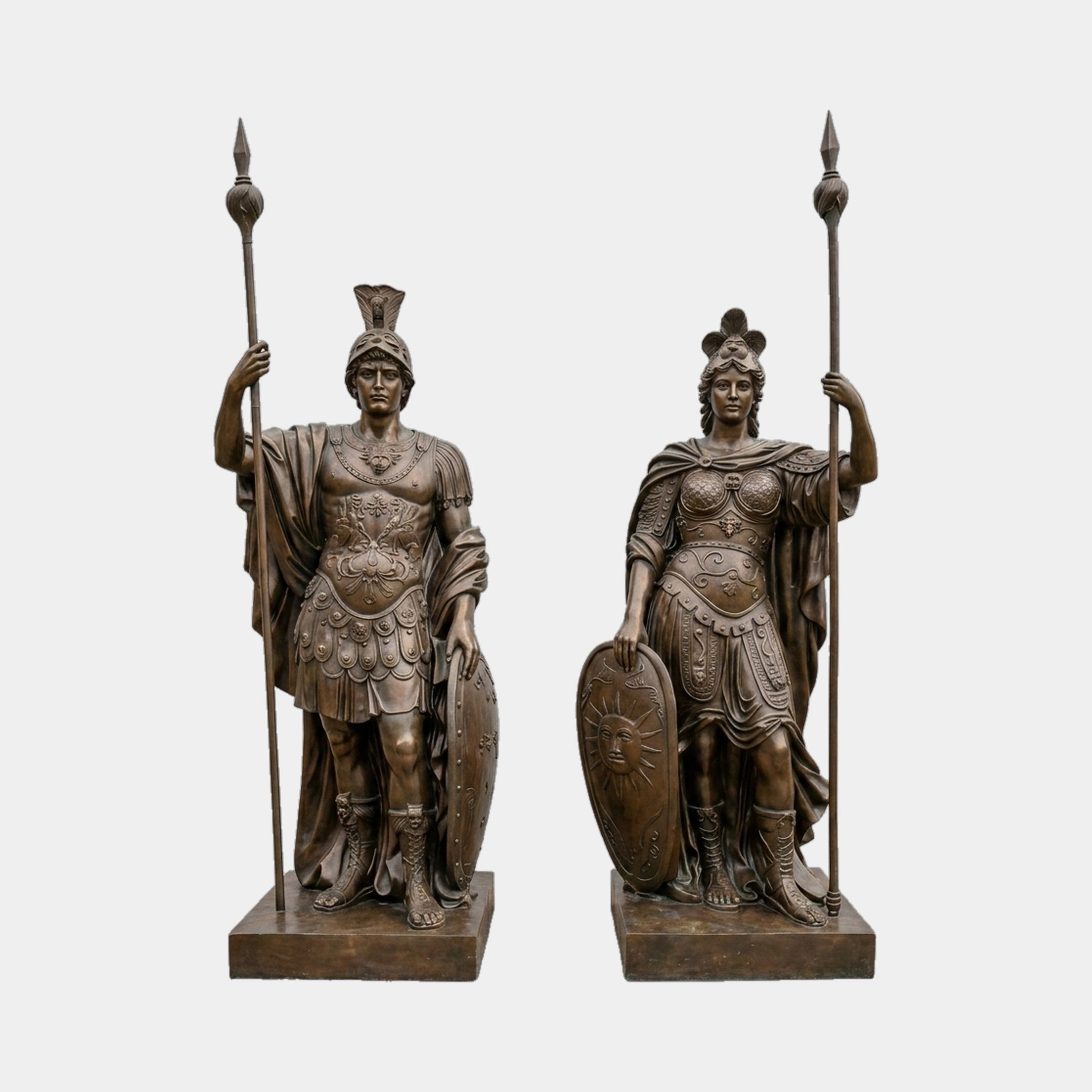 Large Classical Roman Warrior Pair Bronze Sculpture by Giant Sculptures, male and female armoured figures with spears and shields, shown on a plain background.
