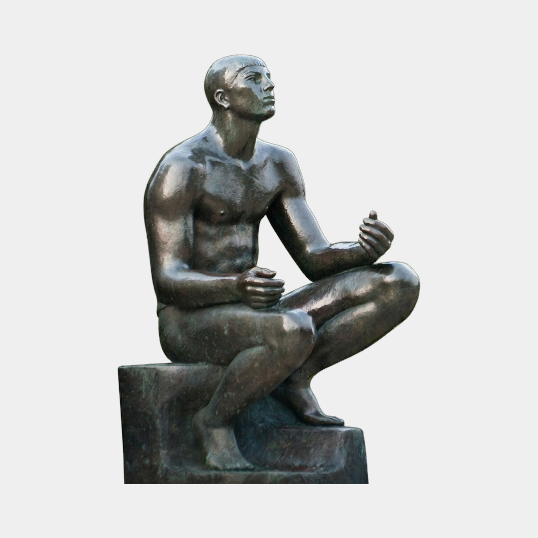 Giant Sculptures Large Classical Seated Male Figure Bronze Sculpture 170cm, nude figure seated cross-legged with head tilted up, dark patina, plain background.