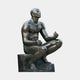 Giant Sculptures Large Classical Seated Male Figure Bronze Sculpture 170cm, nude figure seated cross-legged with head tilted up, dark patina, plain background.