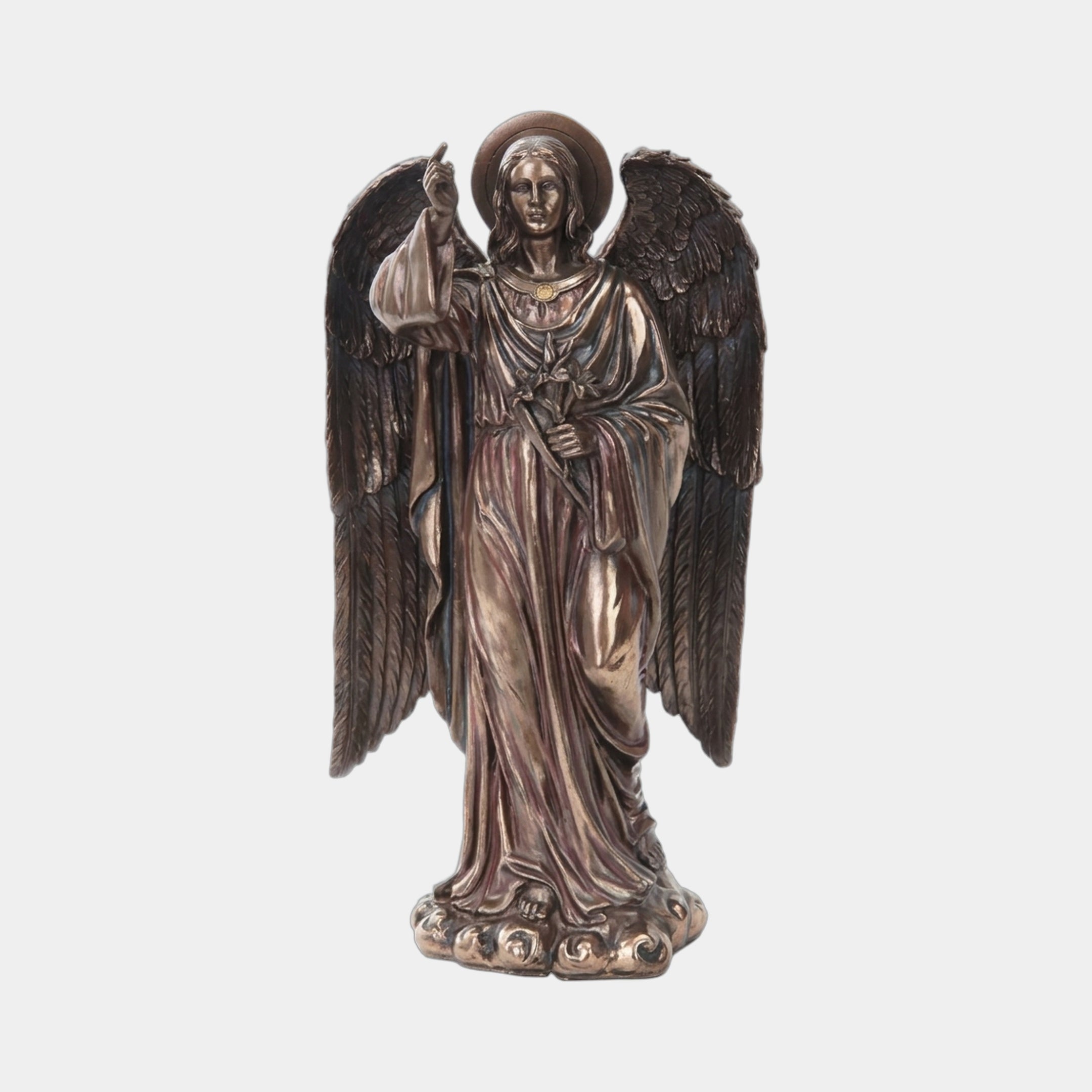 Large Classical Standing Angel Bronze Sculpture by Giant Sculptures, front view with wings spread, one hand raised skyward, warm brown patina, on a plain background.