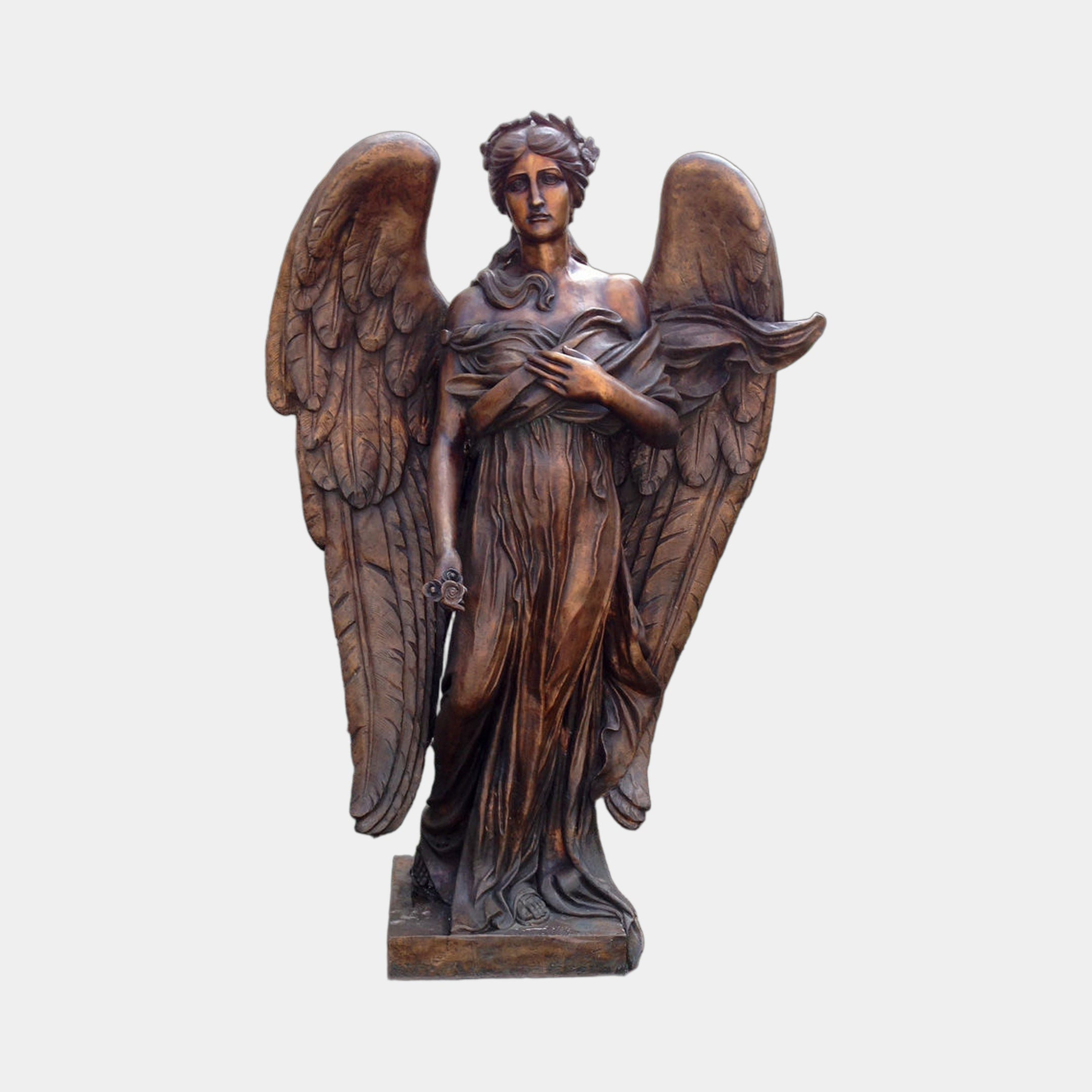 Large Classical Standing Angel Bronze Sculpture 240cm by Giant Sculptures, front view with extended wings, draped robes, and floral crown on plain background.