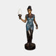 Large Classical Standing Female Figure Bronze Sculpture by Giant Sculptures, 190cm, in blue-verdigris draped gown holding a frosted flame torch lamp on a round base.