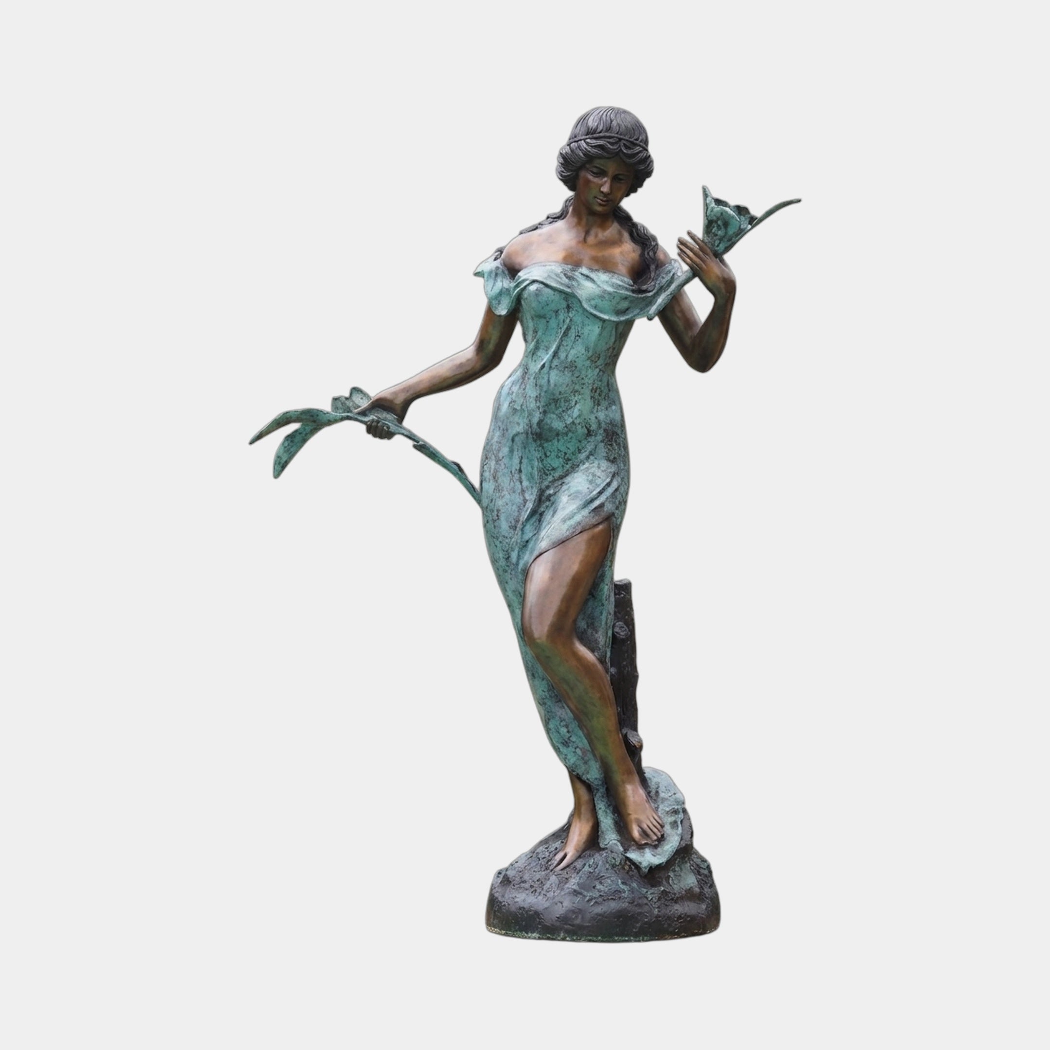 Giant Sculptures' Large Classical Standing Goddess Bronze Fountain at 170cm, shown in verdigris and warm bronze patina holding lily spouts, on a rocky base.