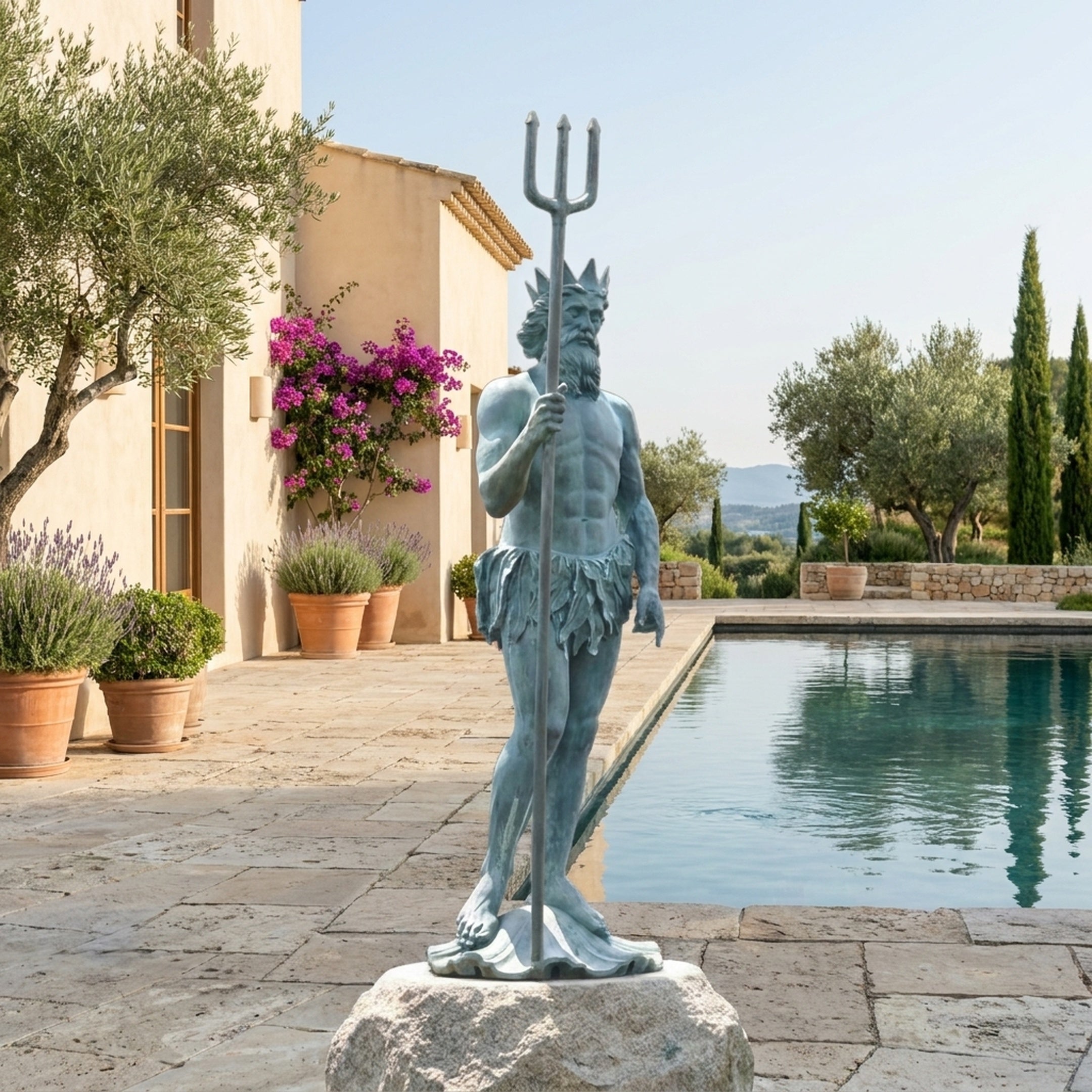 Large Classical Standing Poseidon Bronze Sculpture by Giant Sculptures with verdigris patina, holding a trident on a stone base beside a Mediterranean pool.