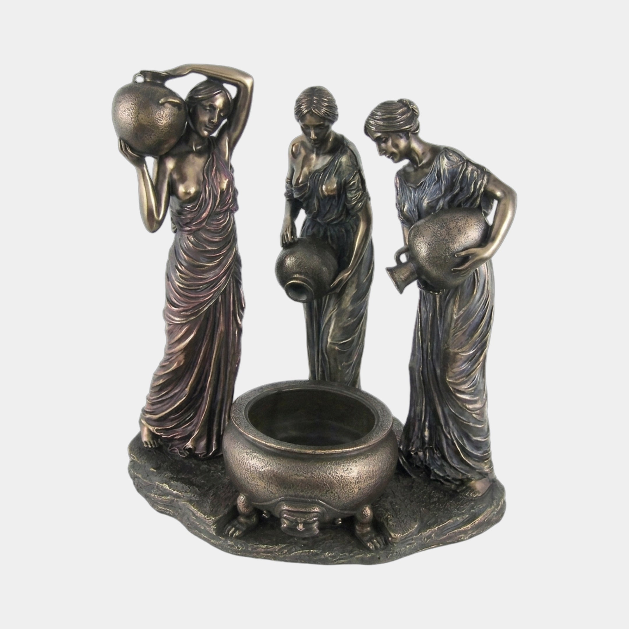 Large Classical Three Draped Figures Fountain by Giant Sculptures, 180cm bronze sculpture of three robed women pouring water from urns into a central basin.