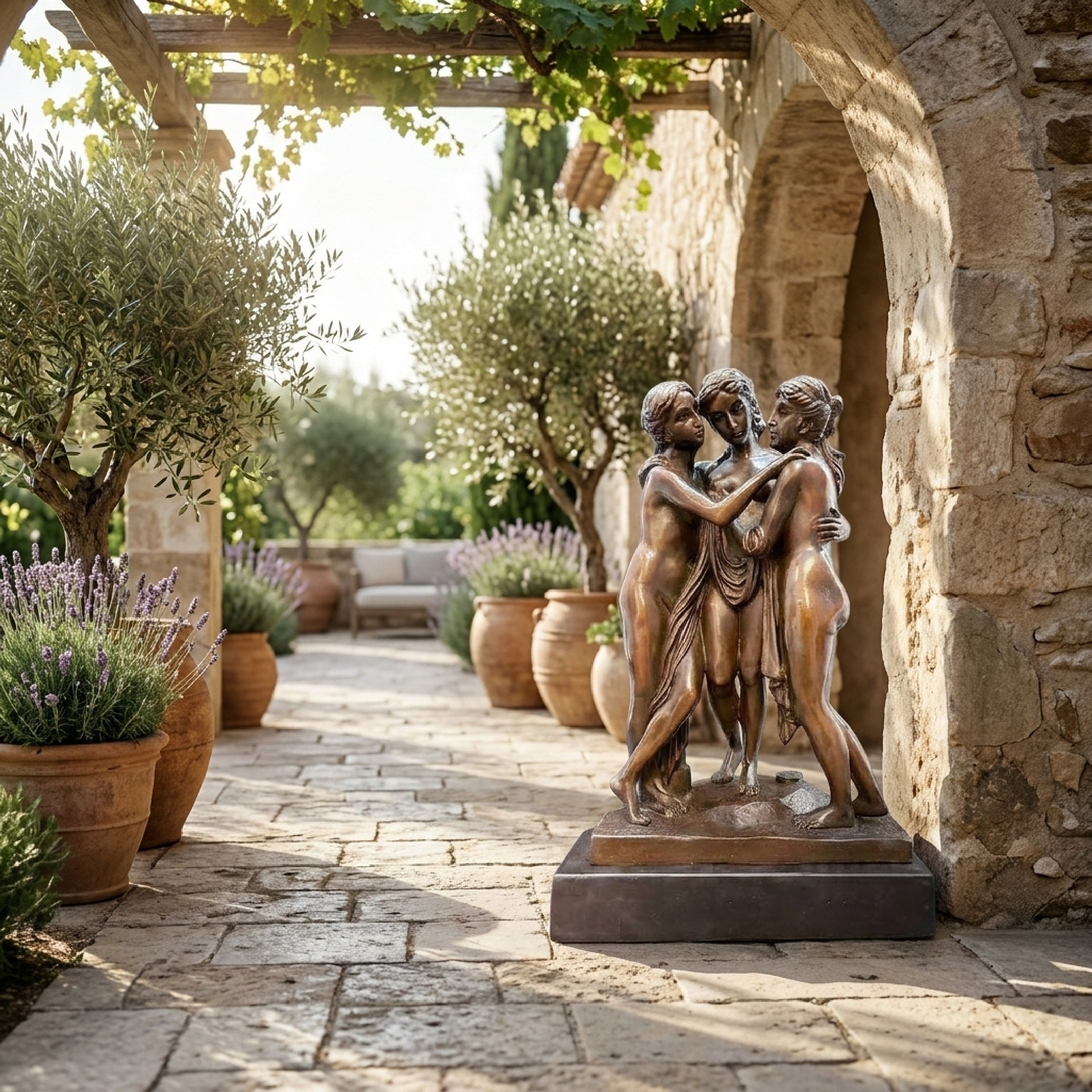 Large Classical Three Graces Bronze Sculpture by Giant Sculptures, three embracing figures with warm patina, on a Mediterranean stone courtyard with olive trees.