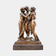 Giant Sculptures' Large Classical Three Graces Bronze Sculpture 220cm, three embracing female figures with warm patina on a dark marble plinth, plain background.