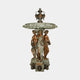 Large Classical Three Graces Fountain Bronze Sculpture by Giant Sculptures, with three robed figures supporting a scalloped basin, shown on a plain background.